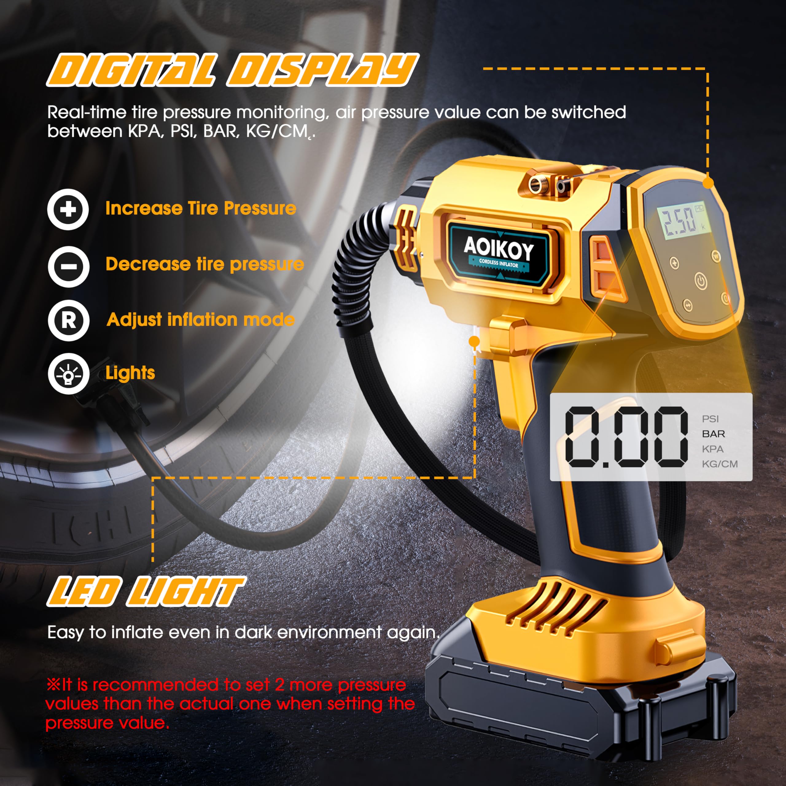Inflador Ruedas Coche, para Batería Dewalt 21V, Compresor Aire Portátil 160 PSI, Pantalla LCD y Función de Parada Automática, para Moto, Bicicleta, Pelota, Coche, Pila no incluida
