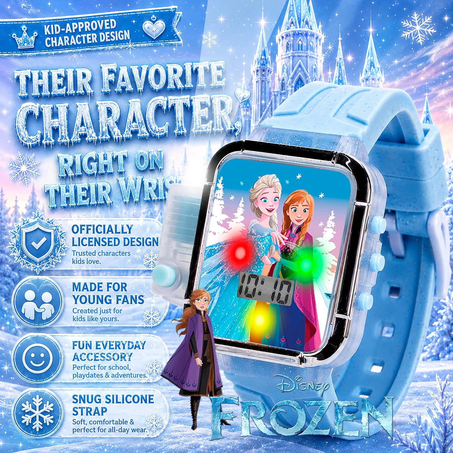 Disney Frozen Kids LCD Digital Watch with LED Light Show, Flashlight and Blue Silicone Strap
