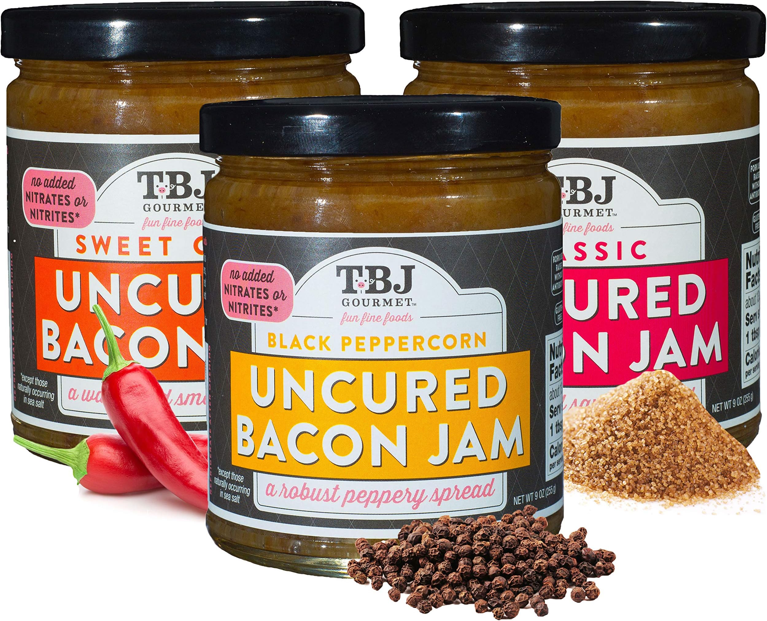 TBJ Gourmet Bacon Jam Variety 3 Pack - Bacon Top Ingredient - Premium Spread No Preservatives