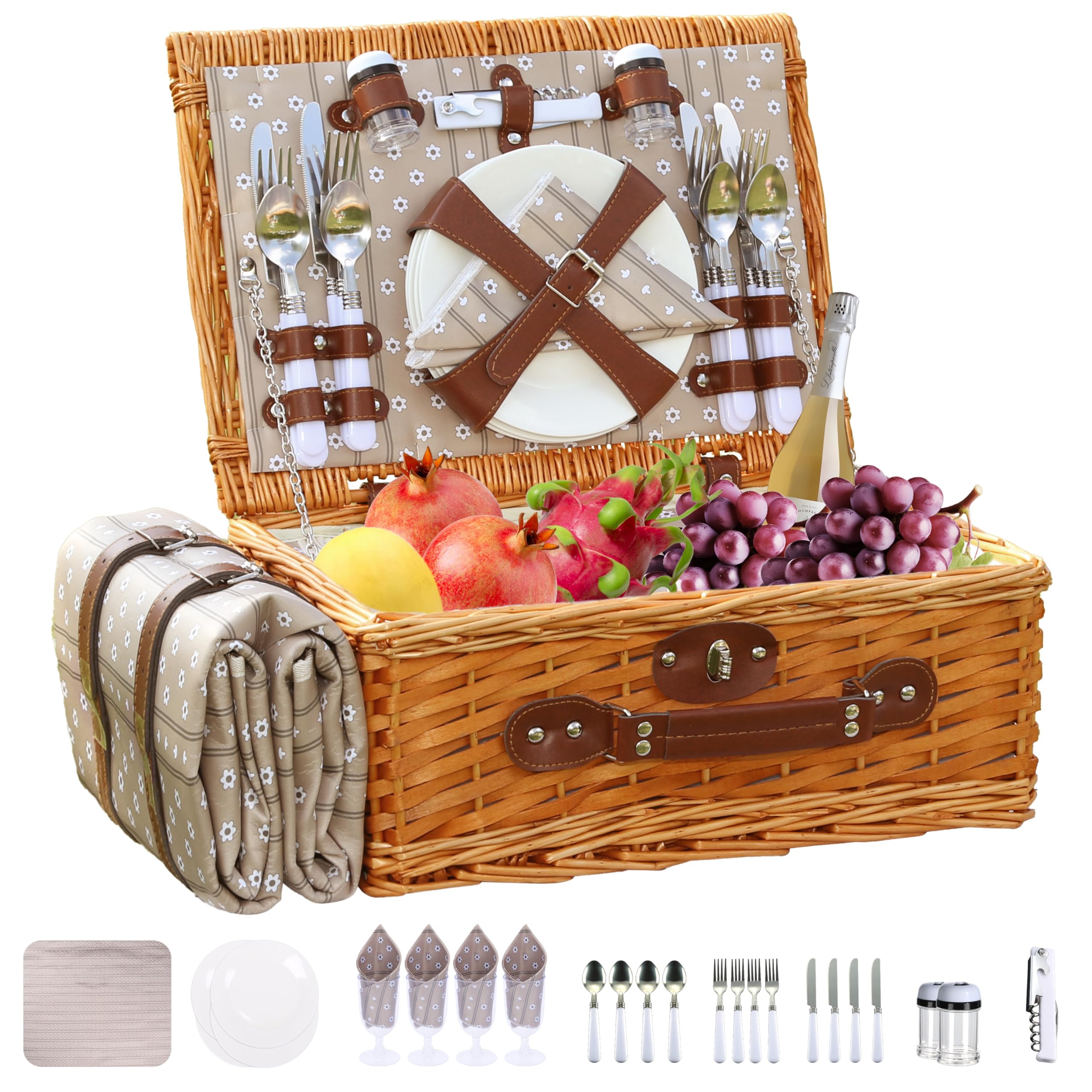 YPshuye Picnic Basket Set for 4 with Waterproof Blanket Mat Insulation Bag Wicker Floral Brown Classic Fresh for Christmas Thanksgiving Wedding
