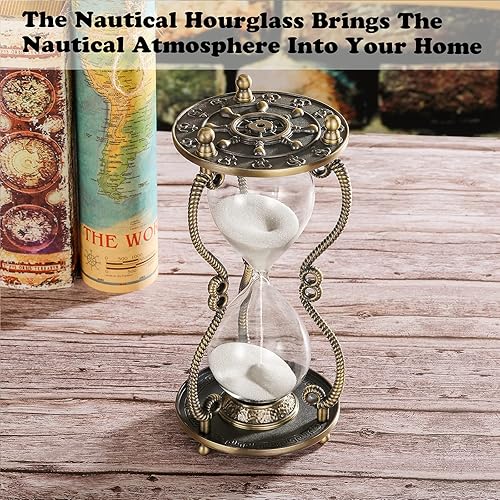 Miniatura 5 de CNCJ Temporizador náutico de arena de latón de 60 minutos reloj de arena de timón de metal antiguo, reloj de arena blanca de 60 minutos, reloj
