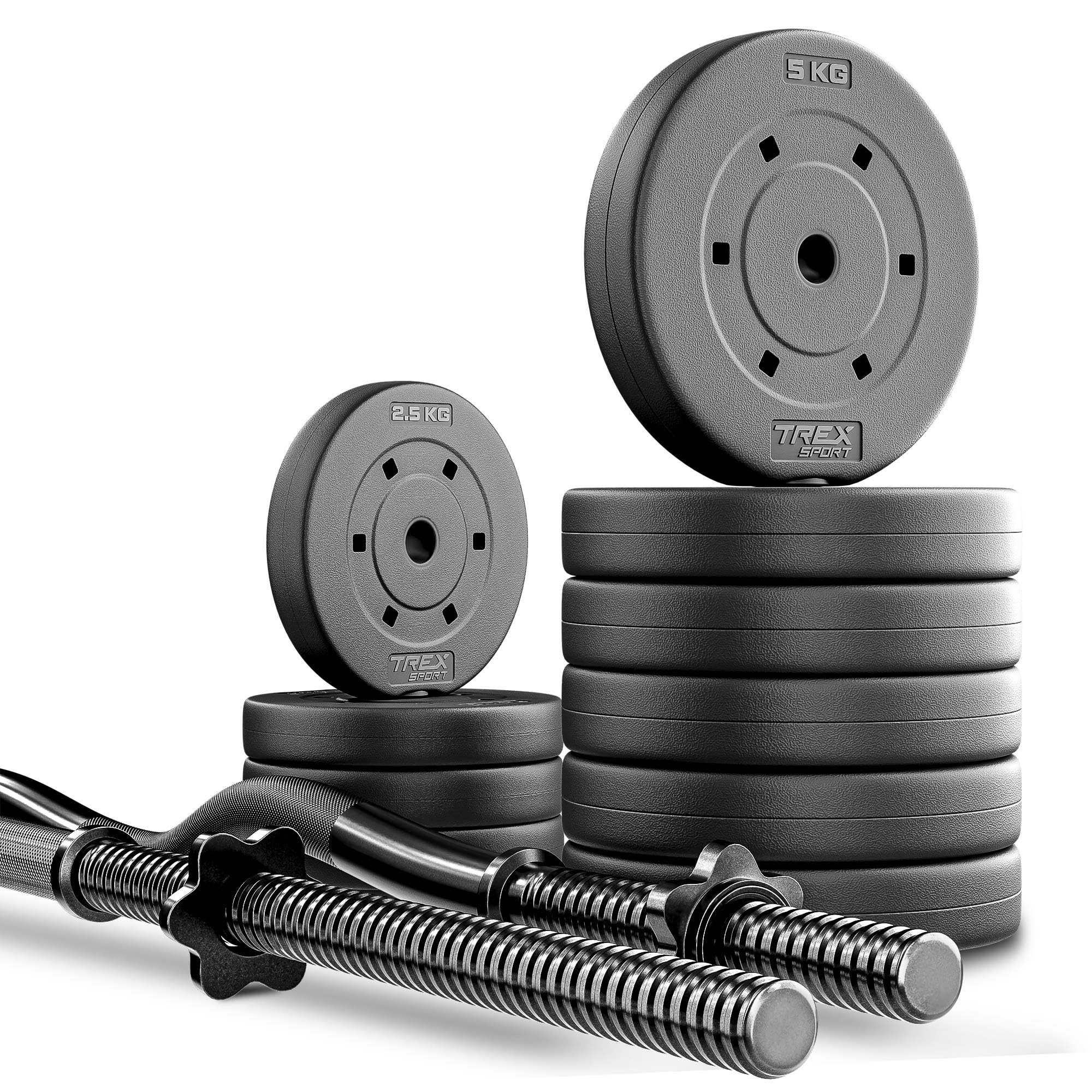 TREX SPORT Langhantel-Set 46 kg mit 150 cm Langhantelstange, Kunststoff-Hantelscheiben und Sternverschlüssen
