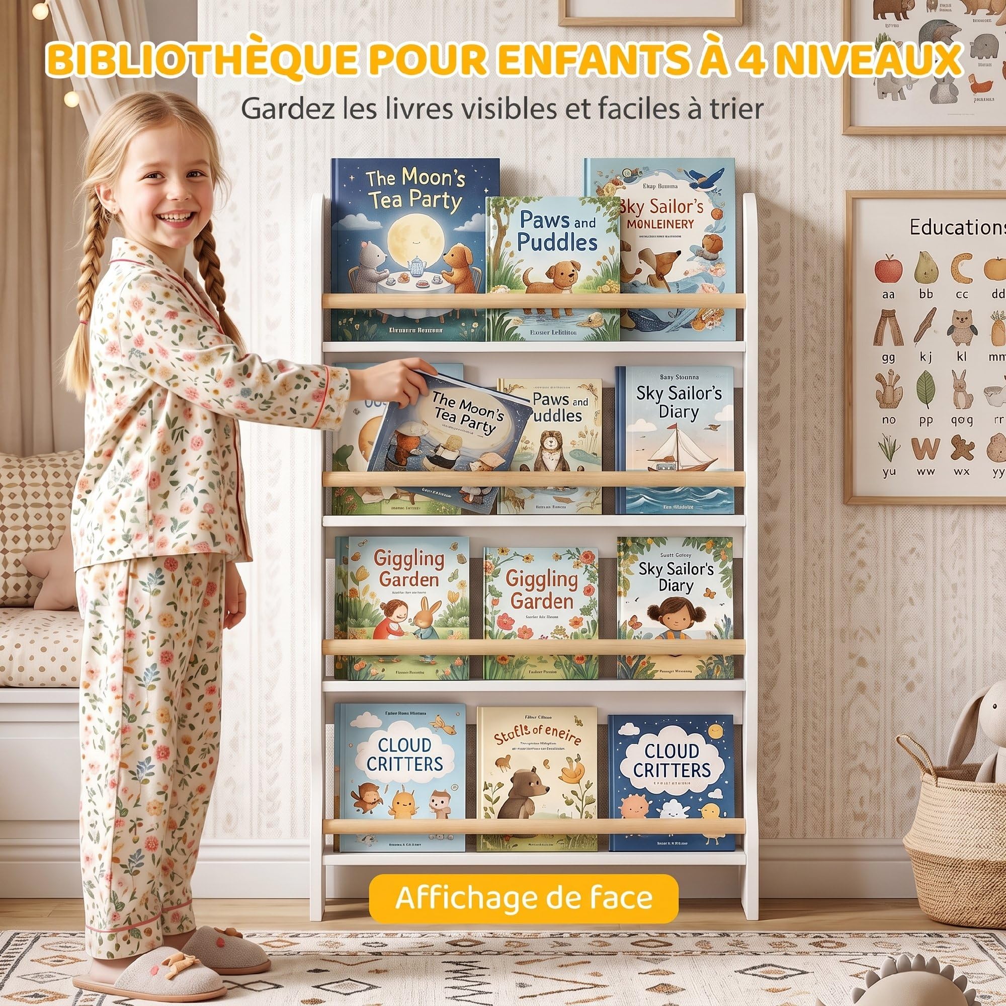 AIYAPLAY Bibliothèque Murale pour Enfant,Rangement Livre 4 Niveaux, Blanc