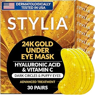 Stylia Under Eye Patches for Dark Circles and Puffy Eyes (30 Pairs), 24k Gold Eye Mask for Dark Circles and Puffiness, Vitamin C, Hyaluronic Acid, Pearl Extract, Collagen Eye Gel Pads for Puffiness