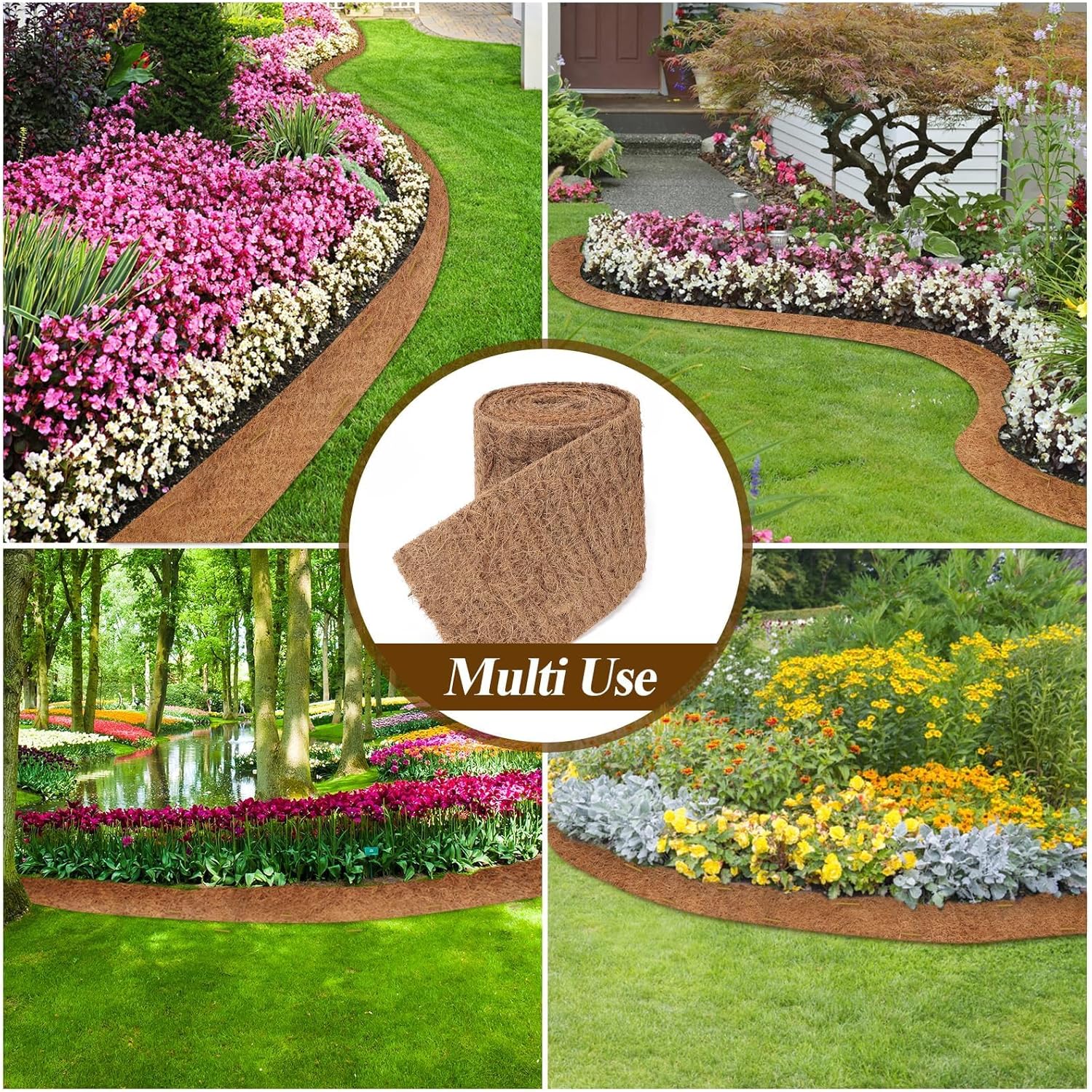 Natural Mulch Roll for Landscaping 240" X 6.3" Coconut Fiber Liner Mulch Mat with 32 U-Shaped Steel Stakes, Thick Mulch Roll for Garden Edging Border, Coconut Liners for Planters, Vegetables & Flowers
