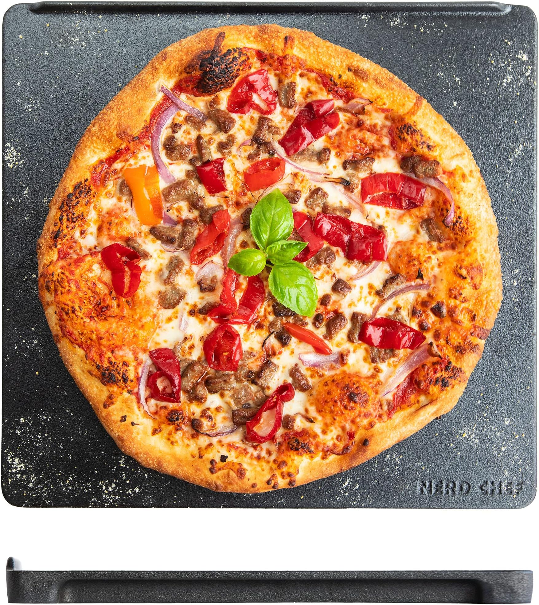 NerdChef Speed Steel - High Performance Pizza Baking Stone | Integrated Backstop & Handles | Heating Fins (13.5" x 14.5" x .90" Thick)
