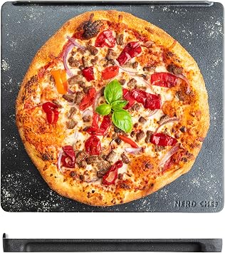 NerdChef Speed Steel - High Performance Pizza Baking Stone | Integrated Backstop & Handles | Heating Fins 13.5" x 14.5" x .90" Thick