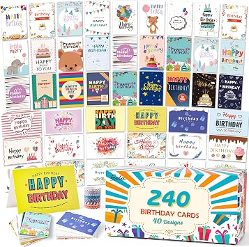 feela Birthday Cards Bulk, 240 Pack 40 Designs Happy Birthday Card Assortment Box with 240 Blank Envelopes, 252 Pieces of Stickers, 9 Washi Tapes, Greeting Cards for Employees Family, 4 X 6