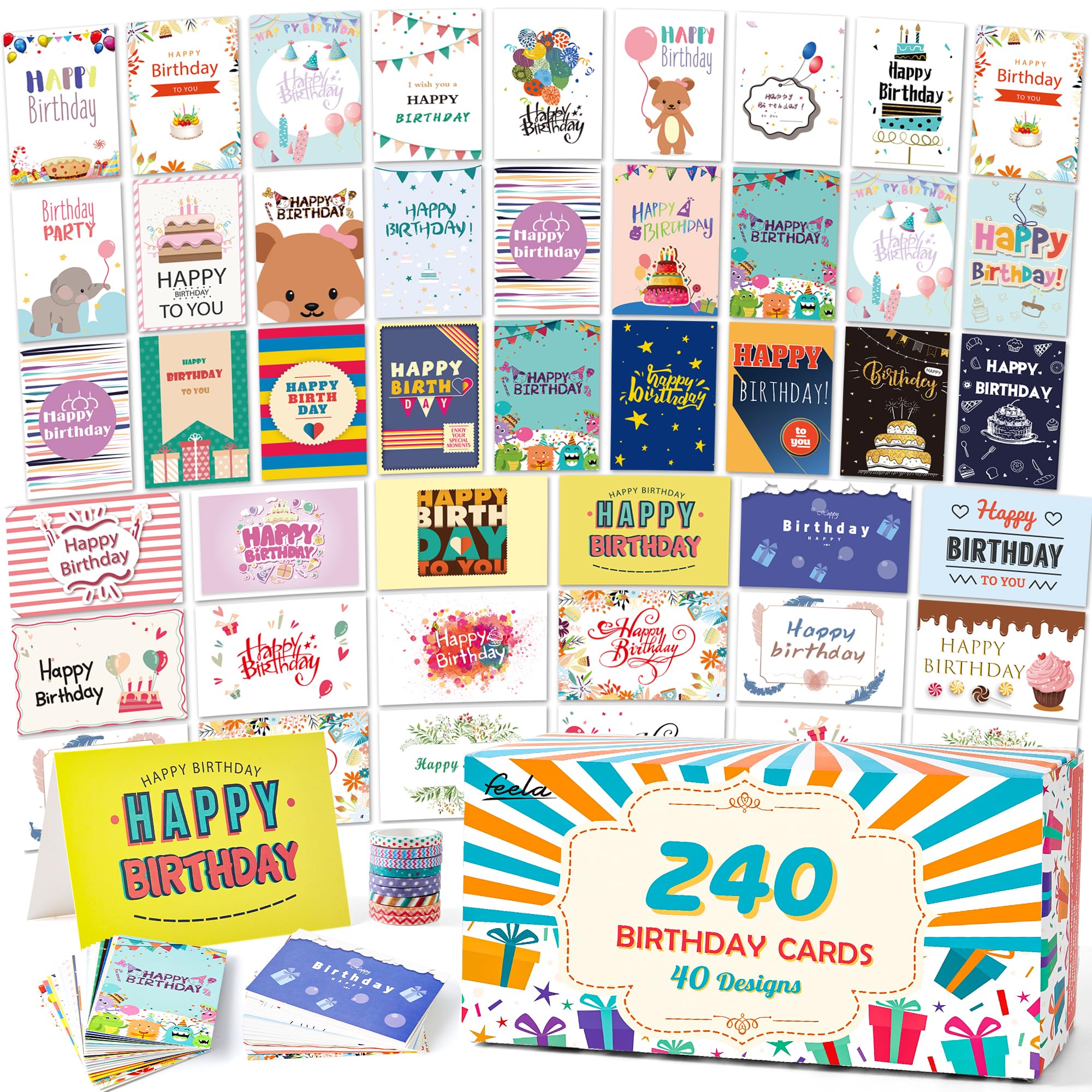 feela Biglietti di compleanno, confezione da 240 pezzi, 40 motivi assortiti, con 240 buste vuote, 252 adesivi, 9 nastri Washi, biglietti di auguri per dipendenti e familiari, 10,2 x 15,2 cm