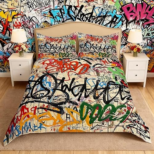 Manfei Graffiti-Bettwäsche-Set, Street Art, Hip-Hop-Bettwäsche-Set, 3-teilig, fü