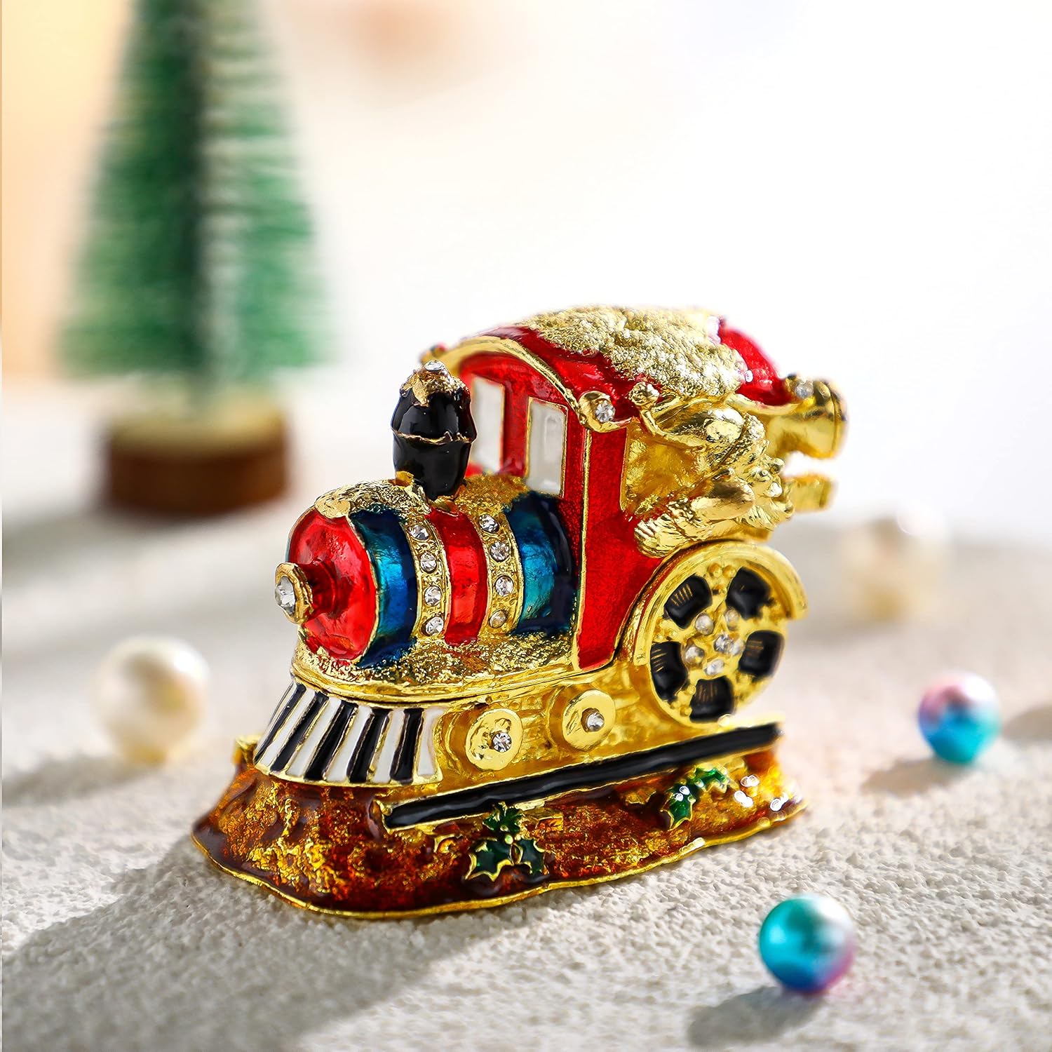 YU FENG 2.4inch Christmas Trinket Ornament Boxes Hinged with Rhinestones Jeweled Bowknot Trumpet Enameled Decorative Jewelry Ring Box Christmas Gift