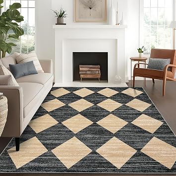 GlowSol 9x12 Area Rug Washable Checkered Rug, Modern Neutral Living Room Rugs, Large Plaid Carpet Faux Wool Washable Carpet for Under Dining Table Bedroom Farmhouse Nursery Home Office,Beige/Black