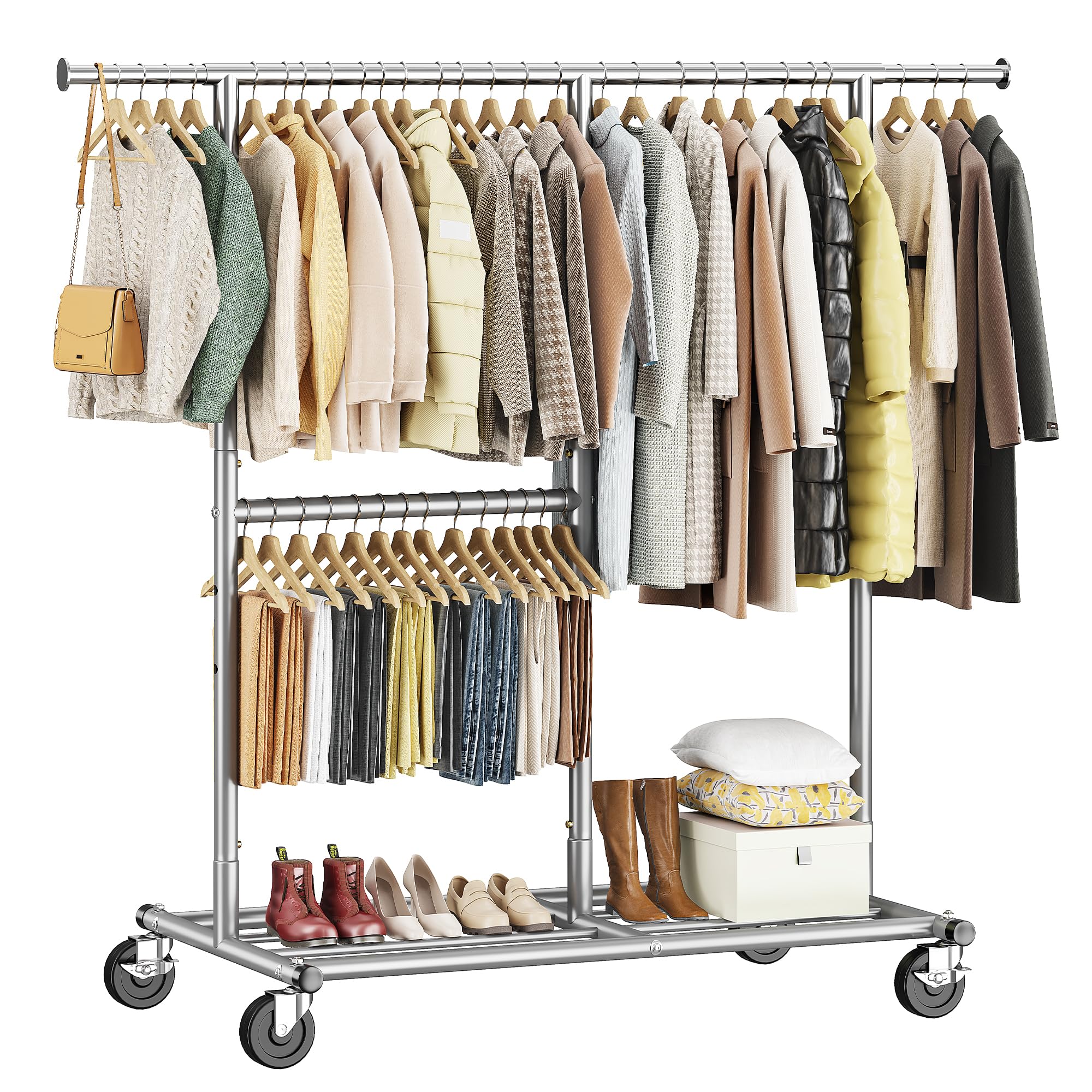Raybee Heavy Duty Clothes Rack, Adjustable Clothing Rack with Wheels, 455 LBS Static Load Capacity, 69.1" W Rolling Garment Rack for Walk-in Closet, Bedroom, Laundry Room,Commercial Use, Silver