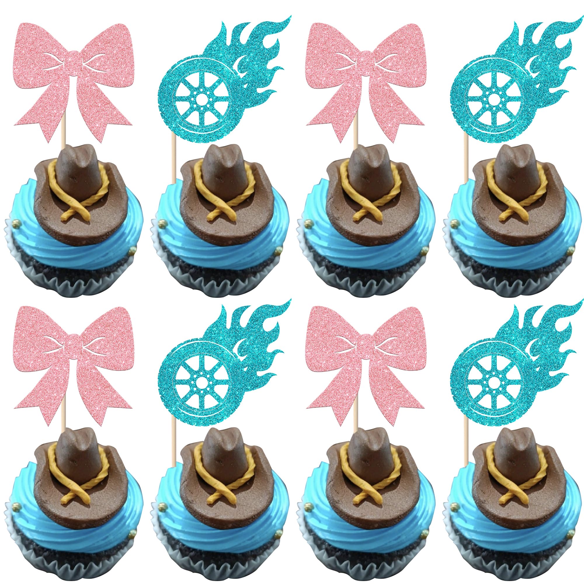 Xsstarmi 24 Pack Pink Bows and Racing Wheel Cupcake Toppers Burnouts Boy or Girl Cupcake Picks Gender Reveal Cake Decorations for Baby Shower Birthday Decorations