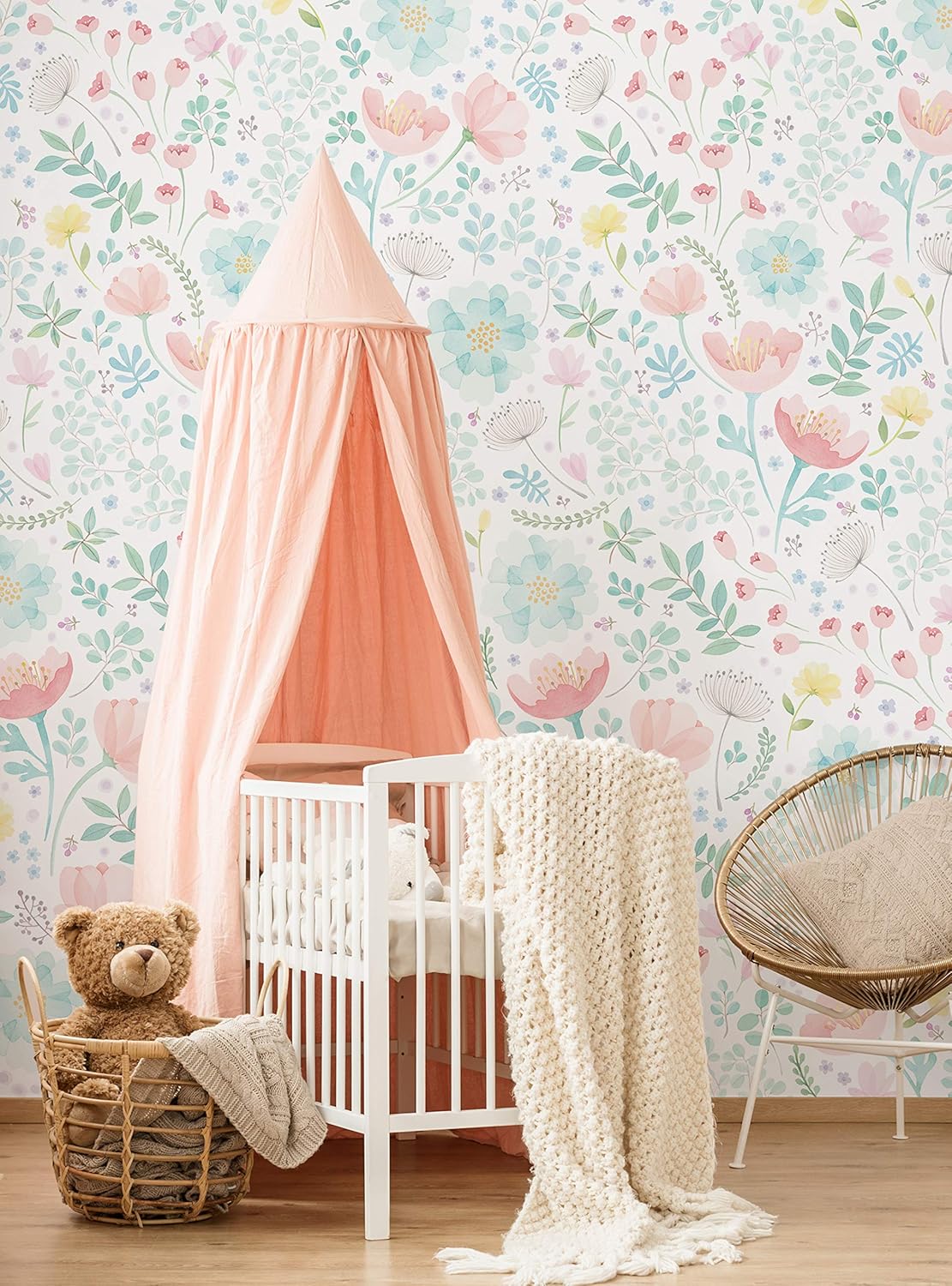 Simple Shapes Whimsy Floral Watercolor Mural Wall Art Wallpaper - Peel and Stick (2 Sheet Pack (2x9 feet), Coral Mint)