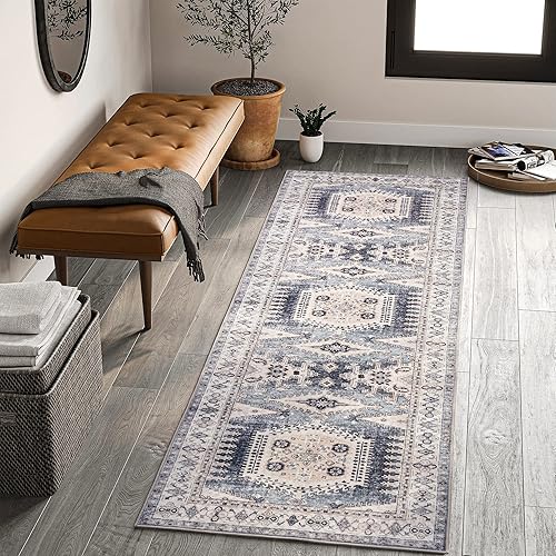 Miniatura 6 de Valenrug Tapete tribal lavable a máquina, 4 x 6 pies, medallón envejecido, color azulbeige