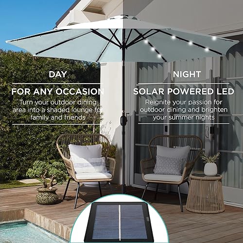 Vista 445 de Best Choice Products - Sombrilla solar de 7.5 pies para exteriores, patio, mesa, mercado, terraza, piscina con inclinación, manivela, luces LED