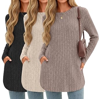 3 Pack Womens Long Sleeve Sweaters Crewneck Ribbed Pullover Loose Fit Tunic Tops Curved Hem Shirts with Pockets