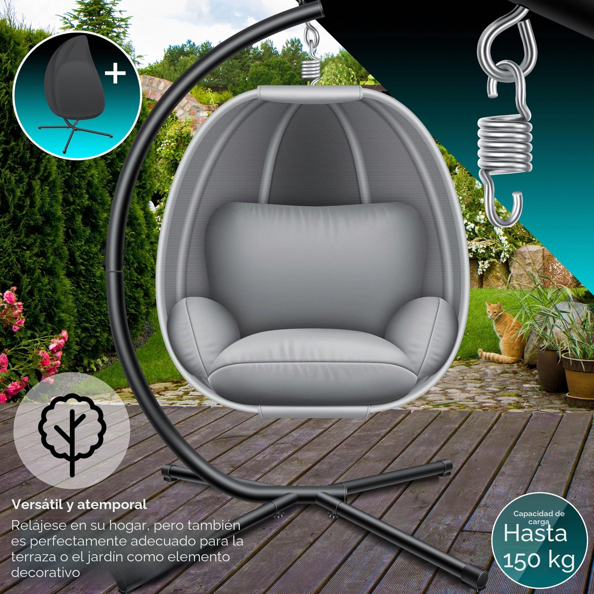 KESSER® Silla Colgante de Lujo con Marco + cojín de Asiento Suave, cojín Lateral, cojín de Asiento y Respaldo Cesta, Colgante para Interior y Exterior, Cesta Colgante de jardín, Peso máx. 150 kg