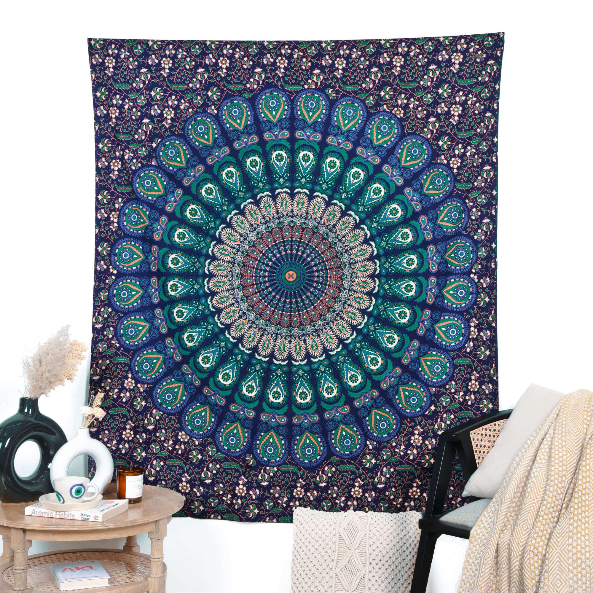 RAJRANG Round Peacock Tapestry Blue Green Chakra Mandala Roundie Boho Hippie Tablecloth Pure Cotton Beach Throws for Picnic and Camping - 30x40 Inches