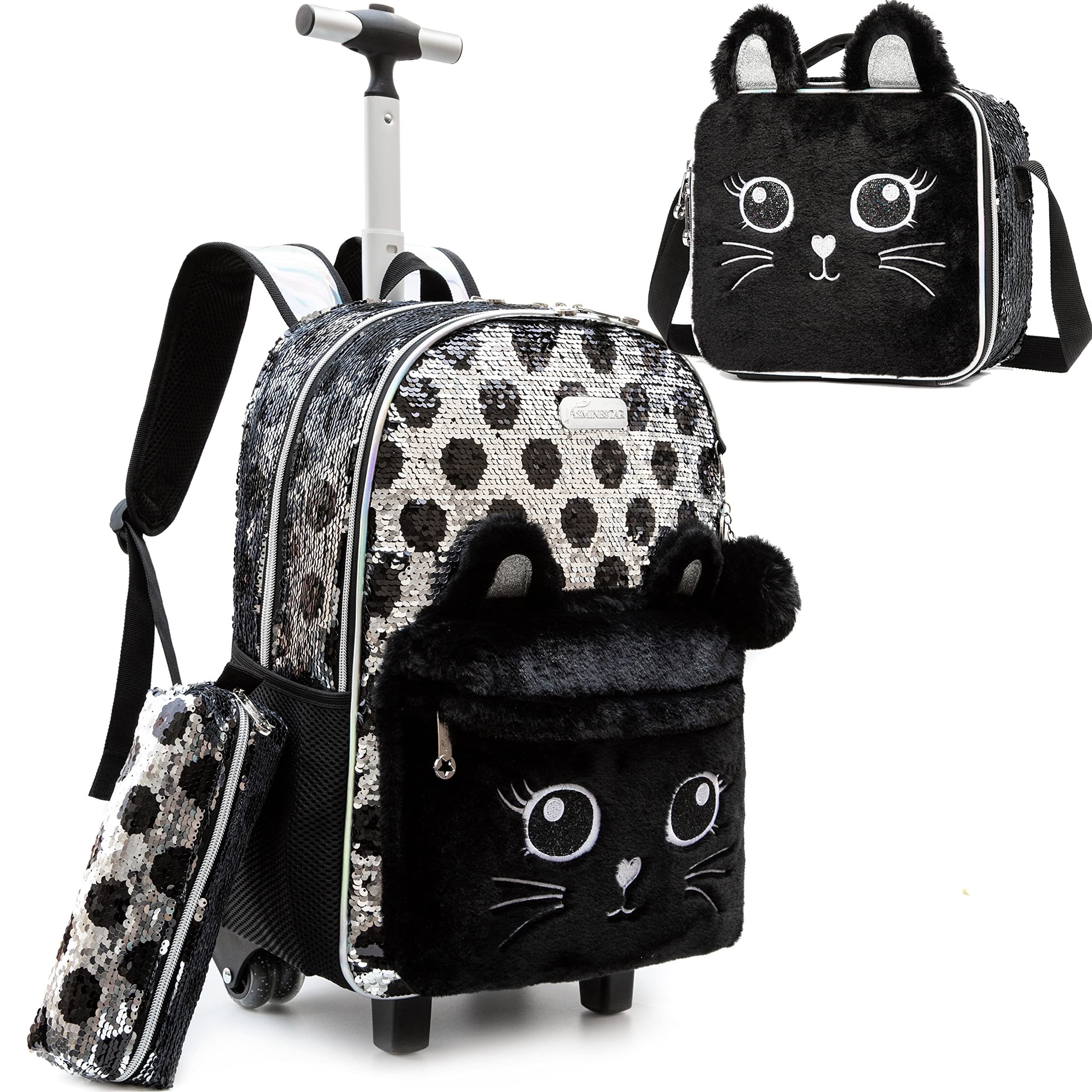 Meetbelify Kids Rolling Backpack for Girls Cute Sequin Cat Backpacks with Wheels for Elementary Students with Lunch Box for Girls