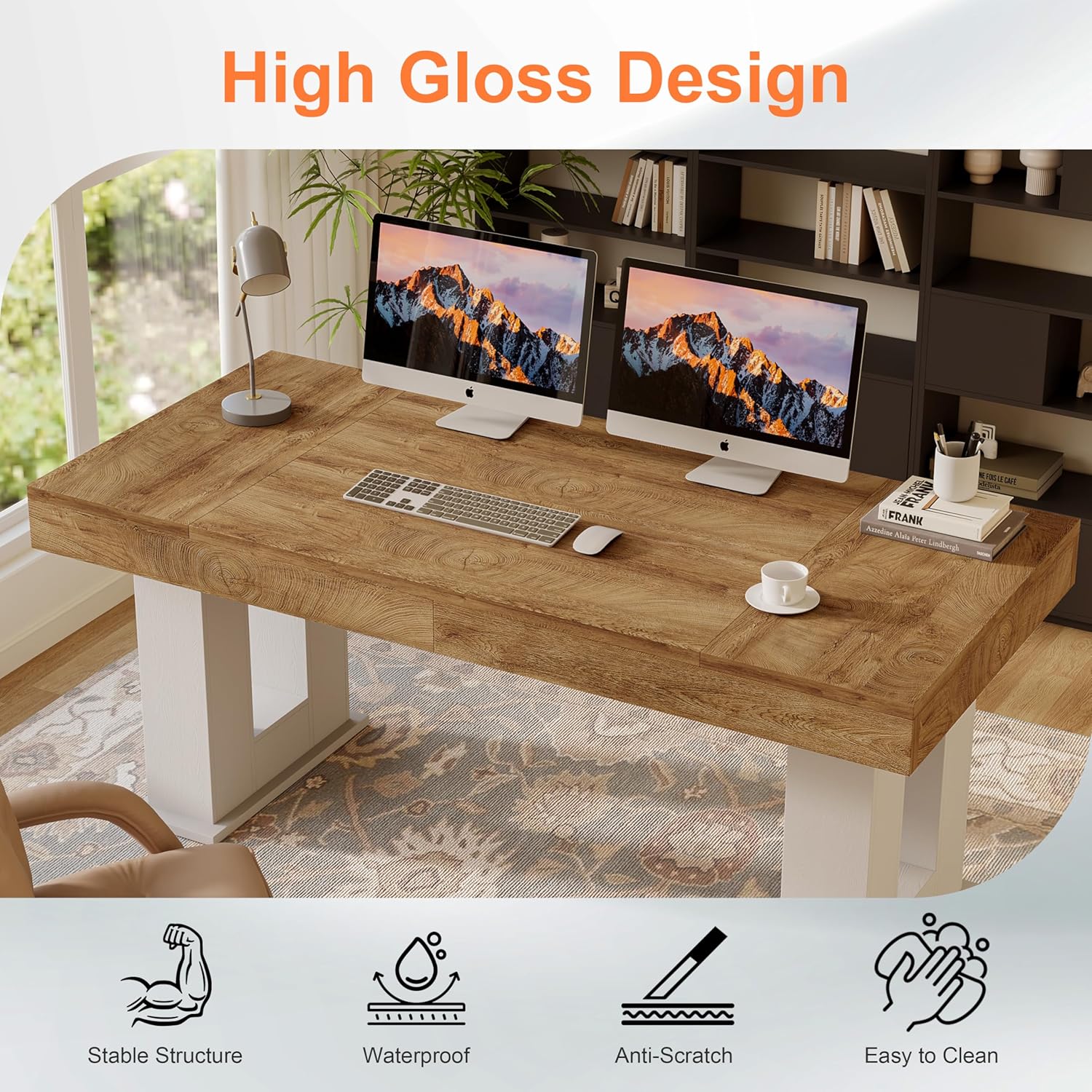 63 inch Executive Desk, Large Computer Desk with Spacious Desktop, Sturdy Wood Workstation Table for Home Office, Corporate Office, Conference Room Studio,White Oak