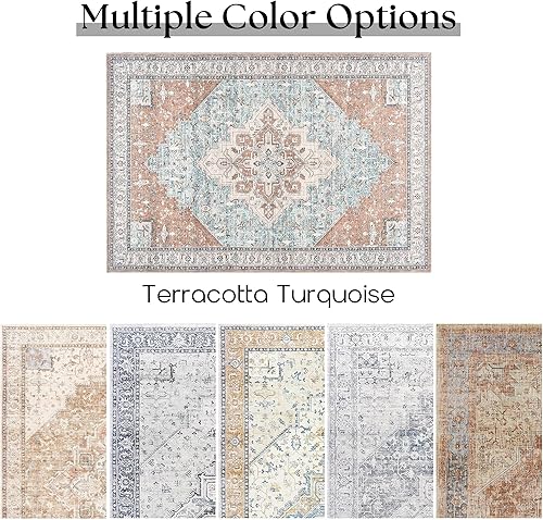 Vista 47 de Alfombra moderna de estilo bohemio para sala de estar, lavable, desgastada, con patrón de medallón de damasco, para sala de estar, hogar, oficina