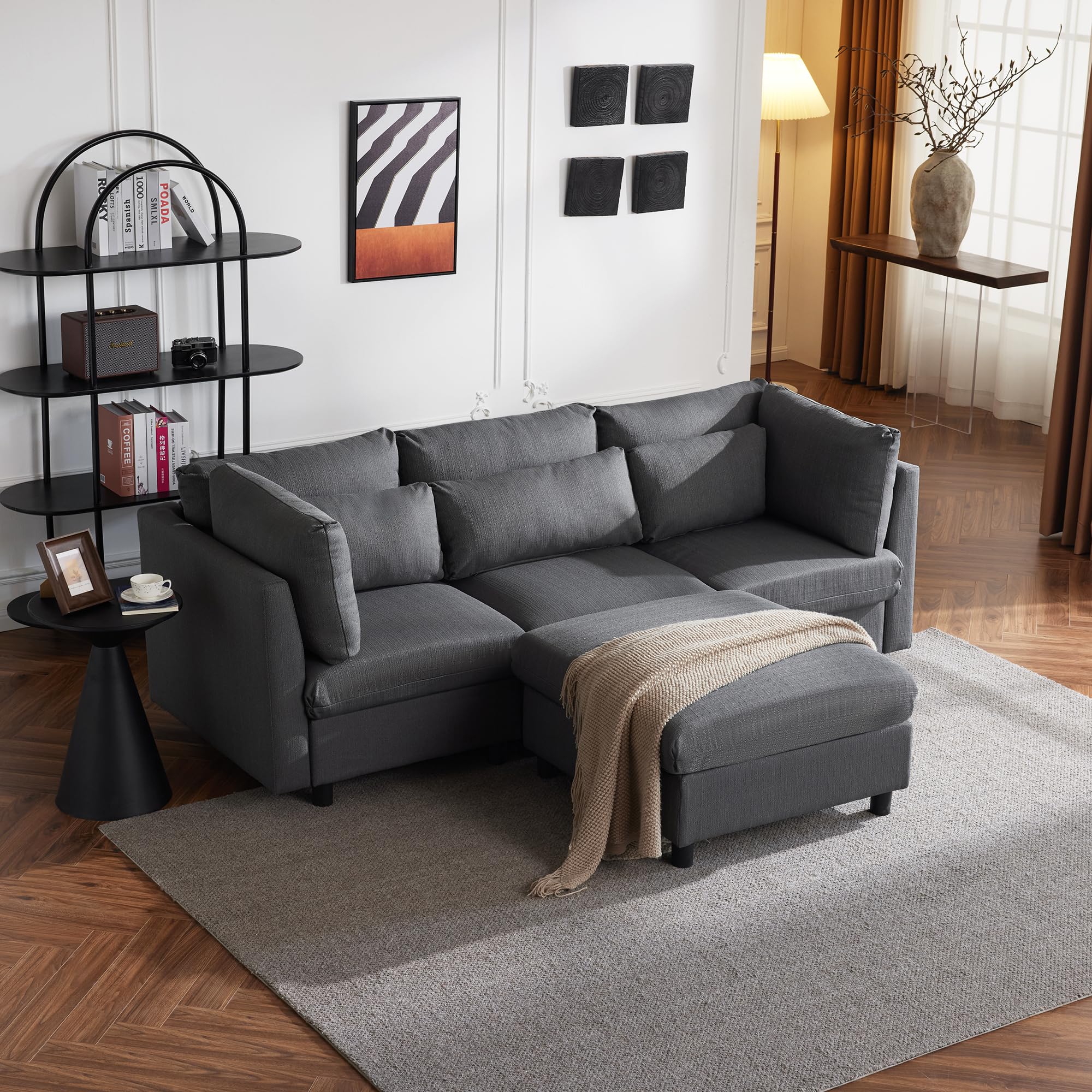 Soweiz Design moderno, divano a tre posti con poggiapiedi, divano ad angolo a forma di L, 220 x 83 x 81 cm (grigio)