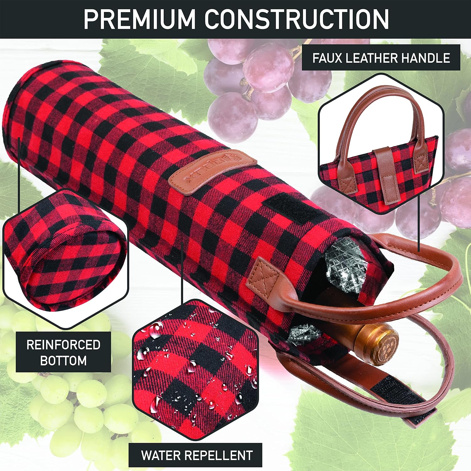 opux Single Bottle Wine Bag Carrier Insulated Wine Cooler Tote, Plaid Red image 5