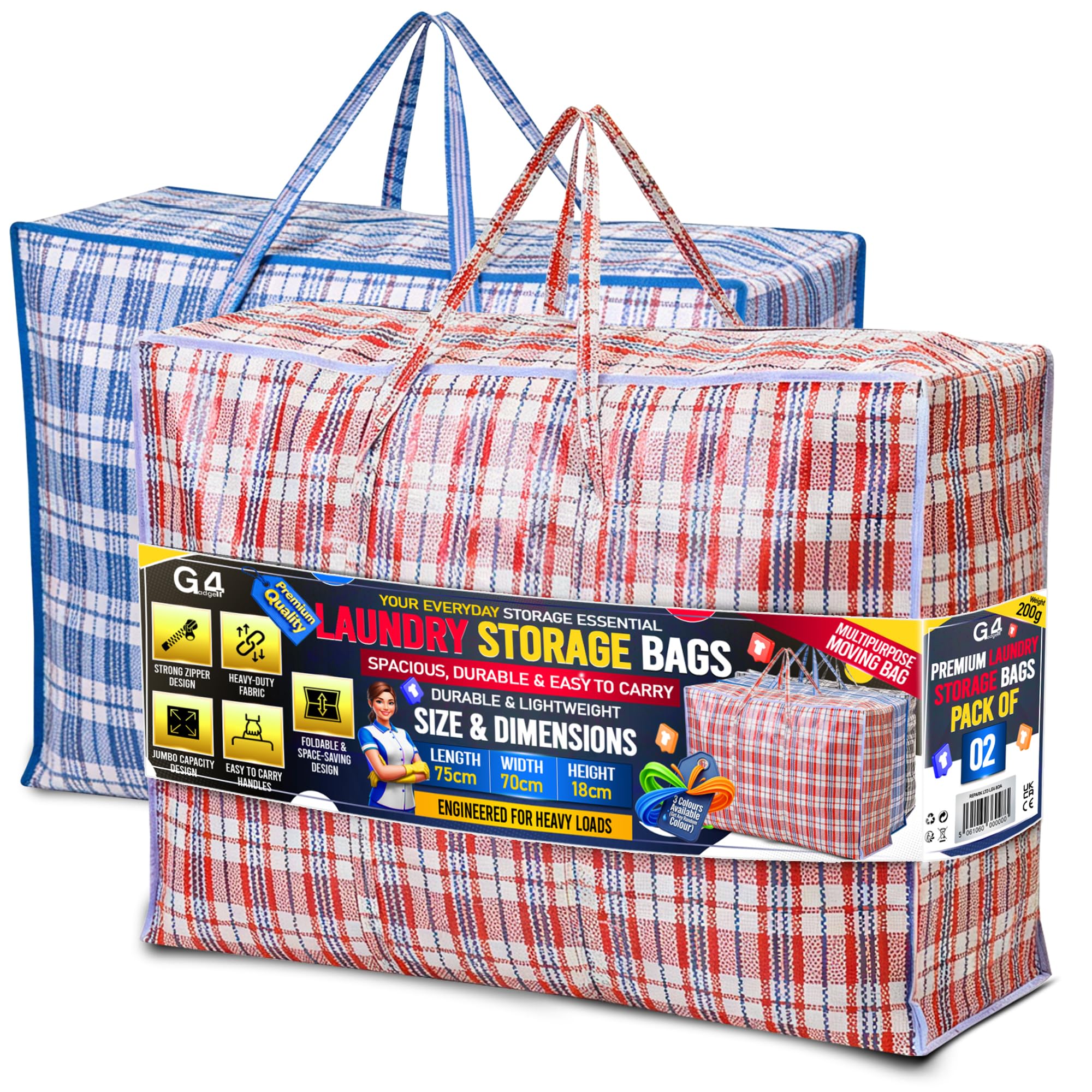 G4GADGET Laundry Bags with Zip 2 Pack (75x70x18cm) – Jumbo Reusable Laundry & Storage Bags for Clothes, Bedding, Travel, Moving House, Wardrobe Organisation