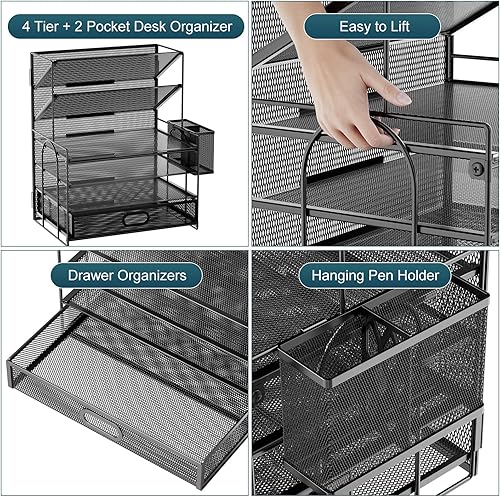 Miniatura 8 de Marbrasse Organizador de archivos de escritorio de malla de 4 niveles con 5 soportes verticales para archivos + bandeja de papel organizadora de