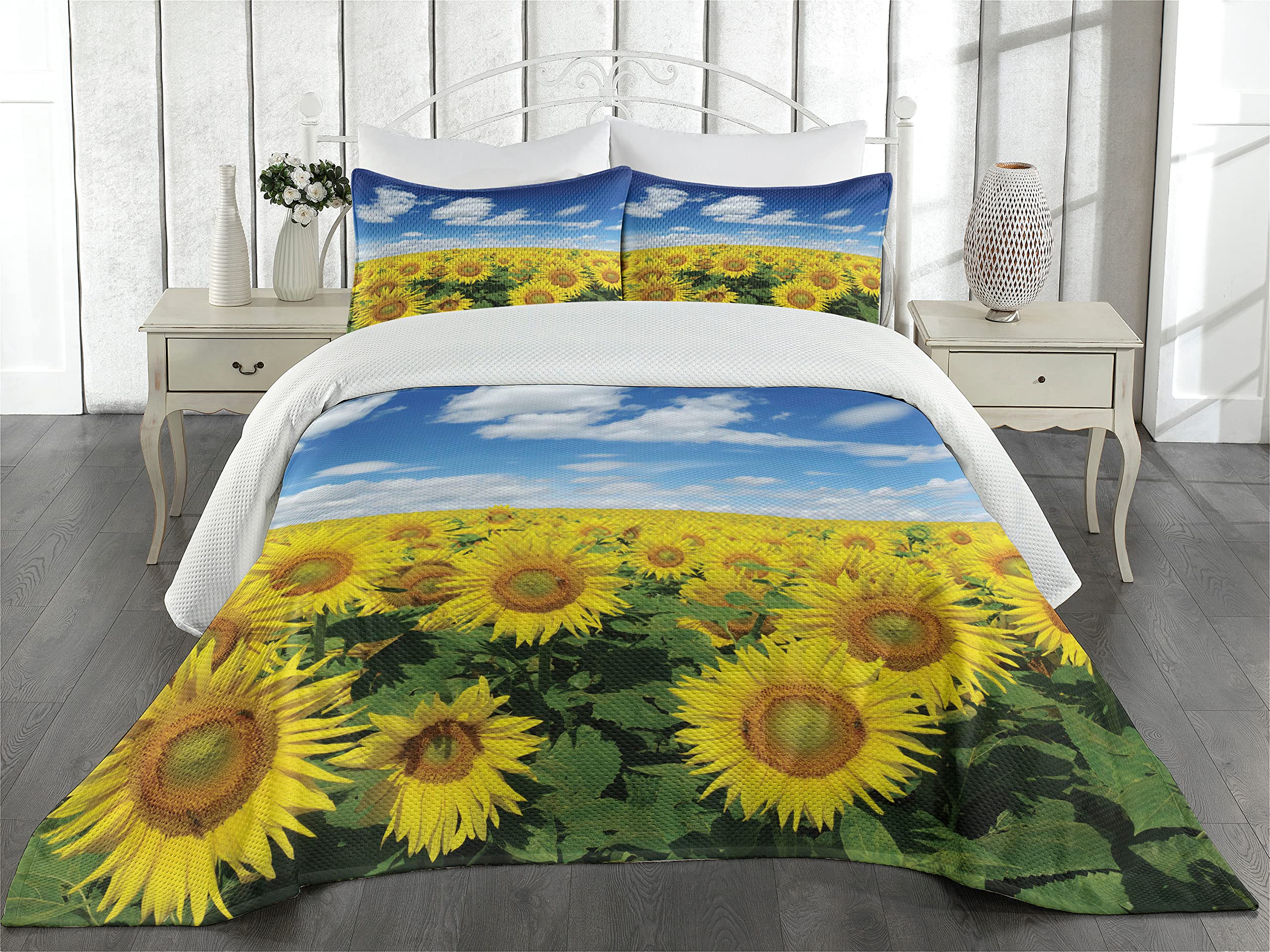 Ambesonne Sunflower Coverlet, Fresh Sunflowers Field Under Clear Sky Clouds Countryside Farm Picture, 2 Piece Decorative Quilted Bedspread Set with 1 Pillow Sham, Twin Size, Blue Green Yellow
