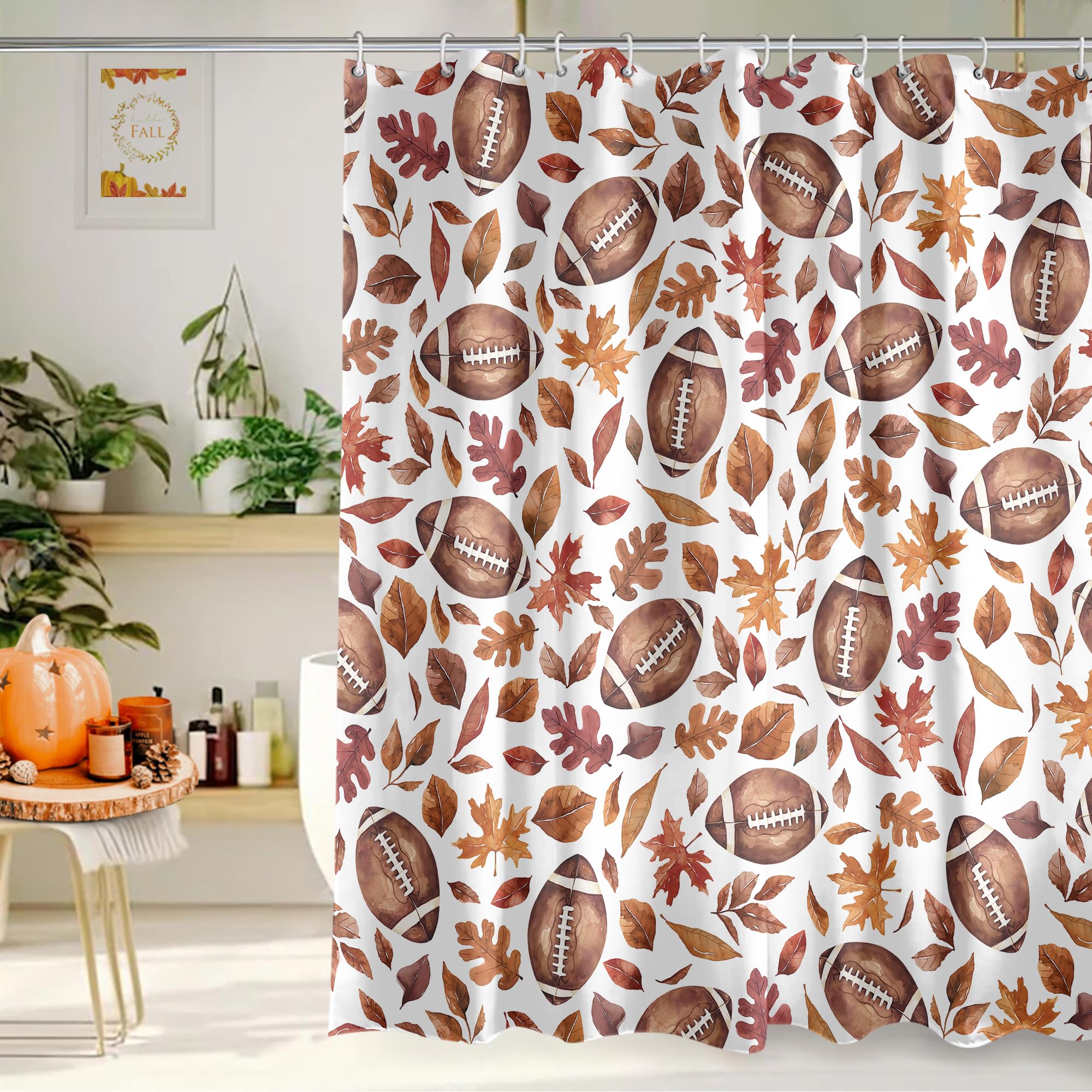 Kuyuayee Fall Shower Curtain 72x72 Inch Autumn Football Shower Curtains for Bathroom with Hooks Thanksgiving Bathroom Home Bath Decor Waterproof