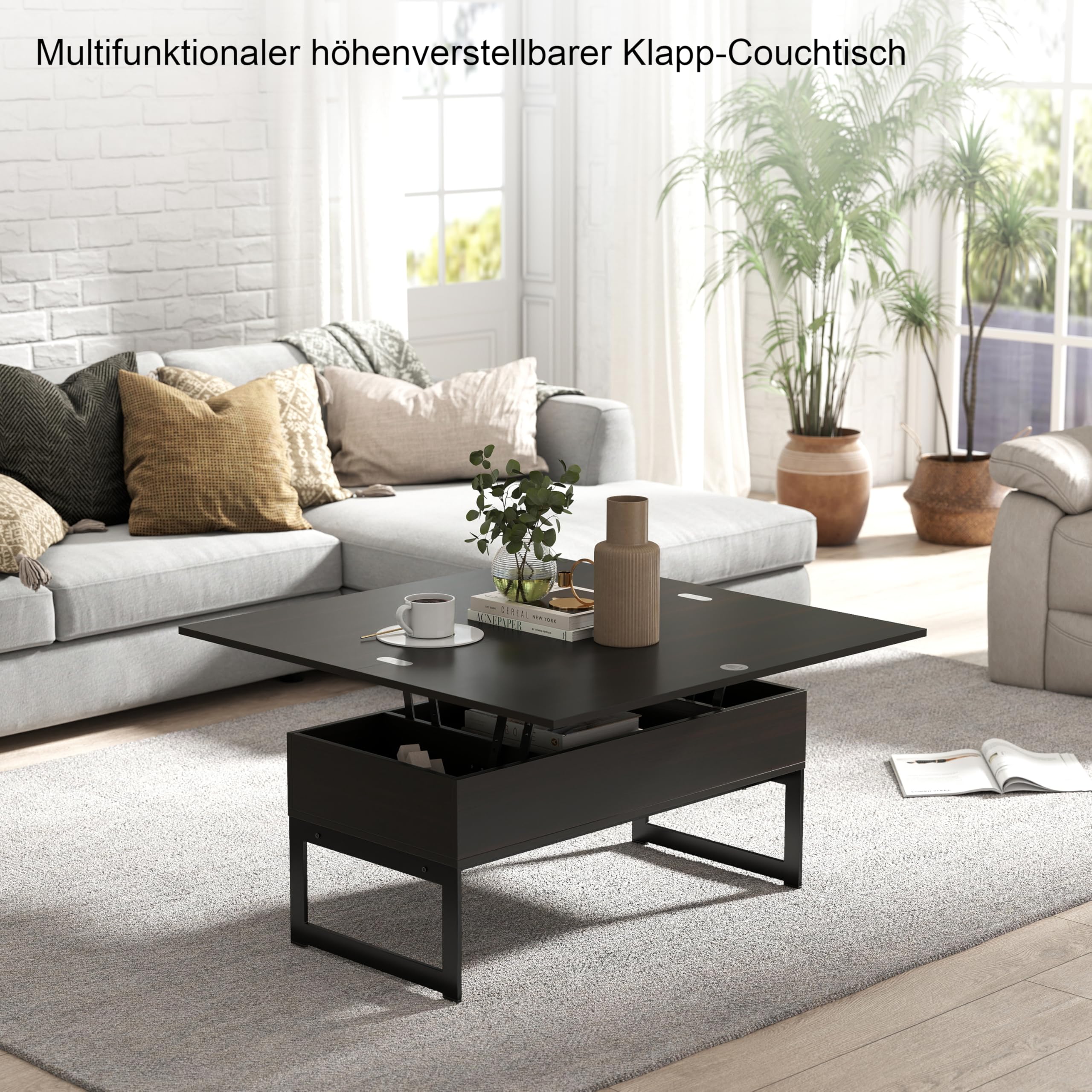 Manora Höhenverstellbar Couchtisch Ausziehbar,Wohnzimmertisch mit stauraum,Couchtisch Verstellbar,Kaffeetisch aus Holz Sofatisch für Wohnzimmer,Industrial Style (Bräunlich-schwarz)