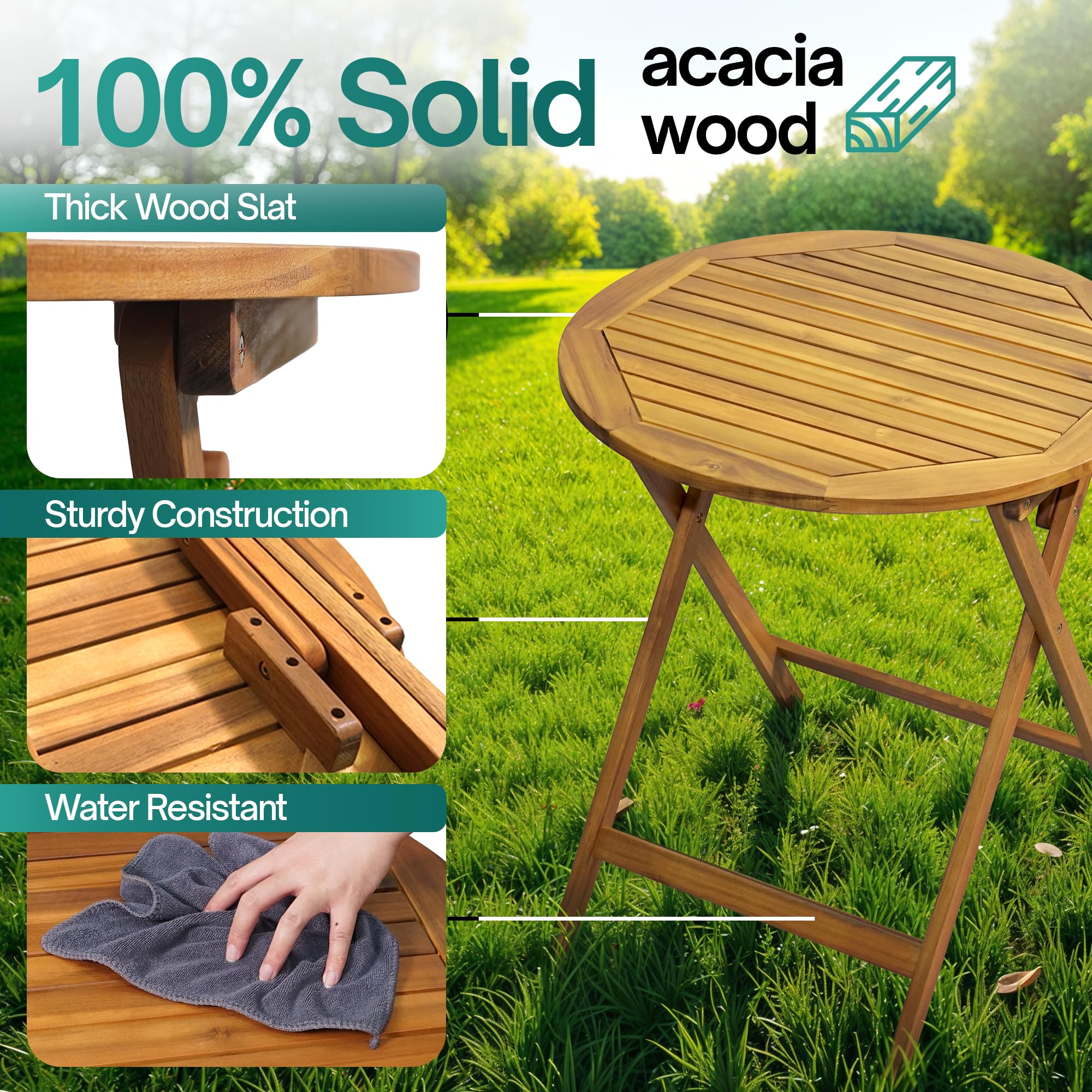 Tranquillo Anya Foldable Round Solid Acacia Wood Outdoor Table – 27.6” Solid Patio Side Piece, TV Tray, Water & Weather Resistant, Compact Folding Design for Camping, Small Spaces, Garden, Balcony