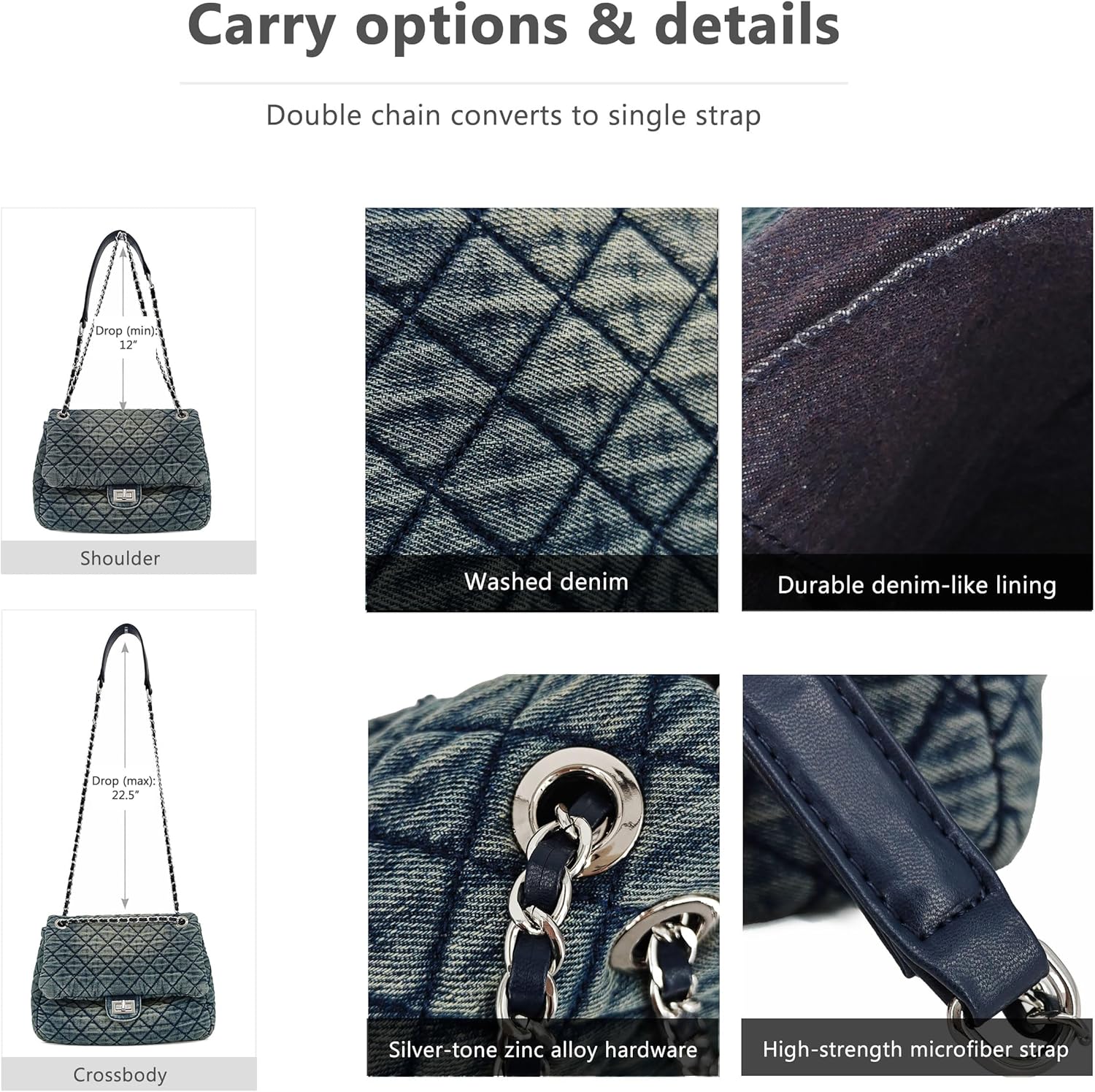M-ioi-M Quilted Denim Purse, Shoulder Bag for Women, Crossbody Flap Tote Bag,Silver Chain Hobo Bag, Vintage Washed Jean Purse