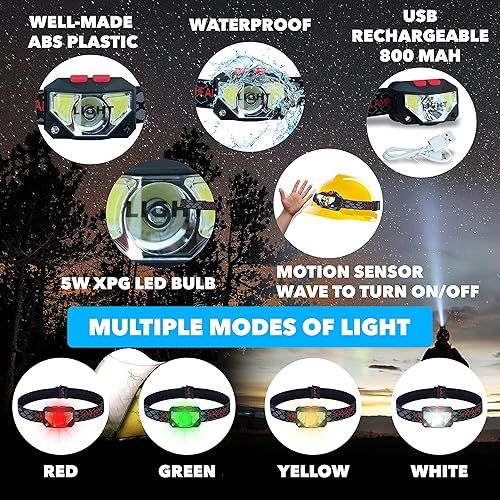 Miniatura 7 de Skywin Linterna USB ligera recargable para casco duro, paquete de 3 XPG+COB 3 LED 200 lúmenes lámpara de cabeza con faro de luz roja para mochilero