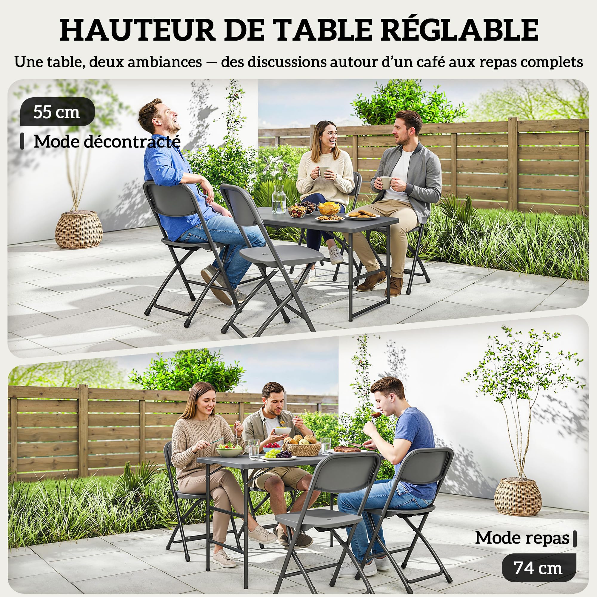 Outsunny Salon de Jardin extérieur 4 Personnes, Table de Jardin extérieure avec 4 chaises Pliables, Table réglable en Hauteur, 118 cm, Plateau Effet Bois, mobilier de terrasse Patio Gris foncé