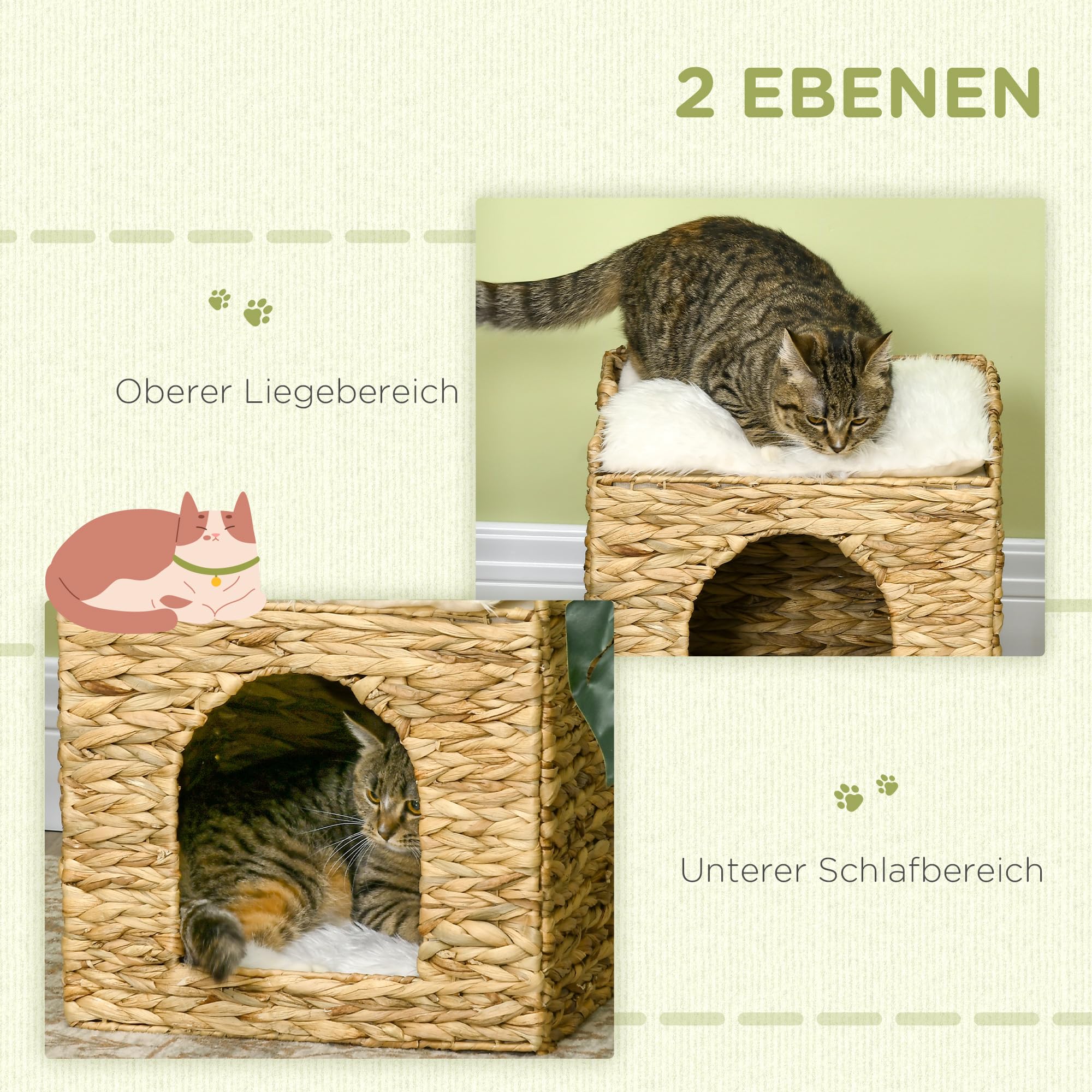 PawHut Rattan Katzenhaus, Katzenhöhle mit Kissen, Katzenbett mit 2 Ebenen, Katzenkorb, Katzenhütte für Katzen bis 5 kg, Wasserhyazinthengras, 37,5 x 37,5 x 41,5 cm, Braun