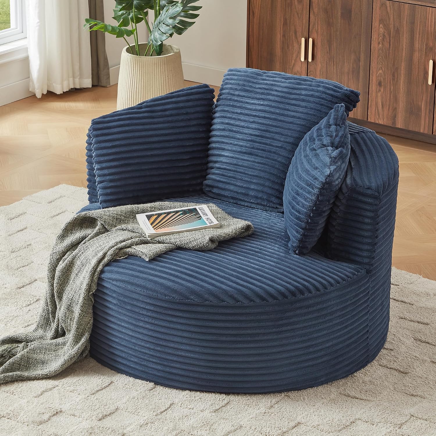 Henf Round Chaise Lounge Chair Indoor, 49 inch Oversized Circle Boneless Chair Sleeper Sofa Bed Upholstered Corduroy Deep Seat Cloud Circle Sofa Chair for Reading, Living Room,No Assembly Required