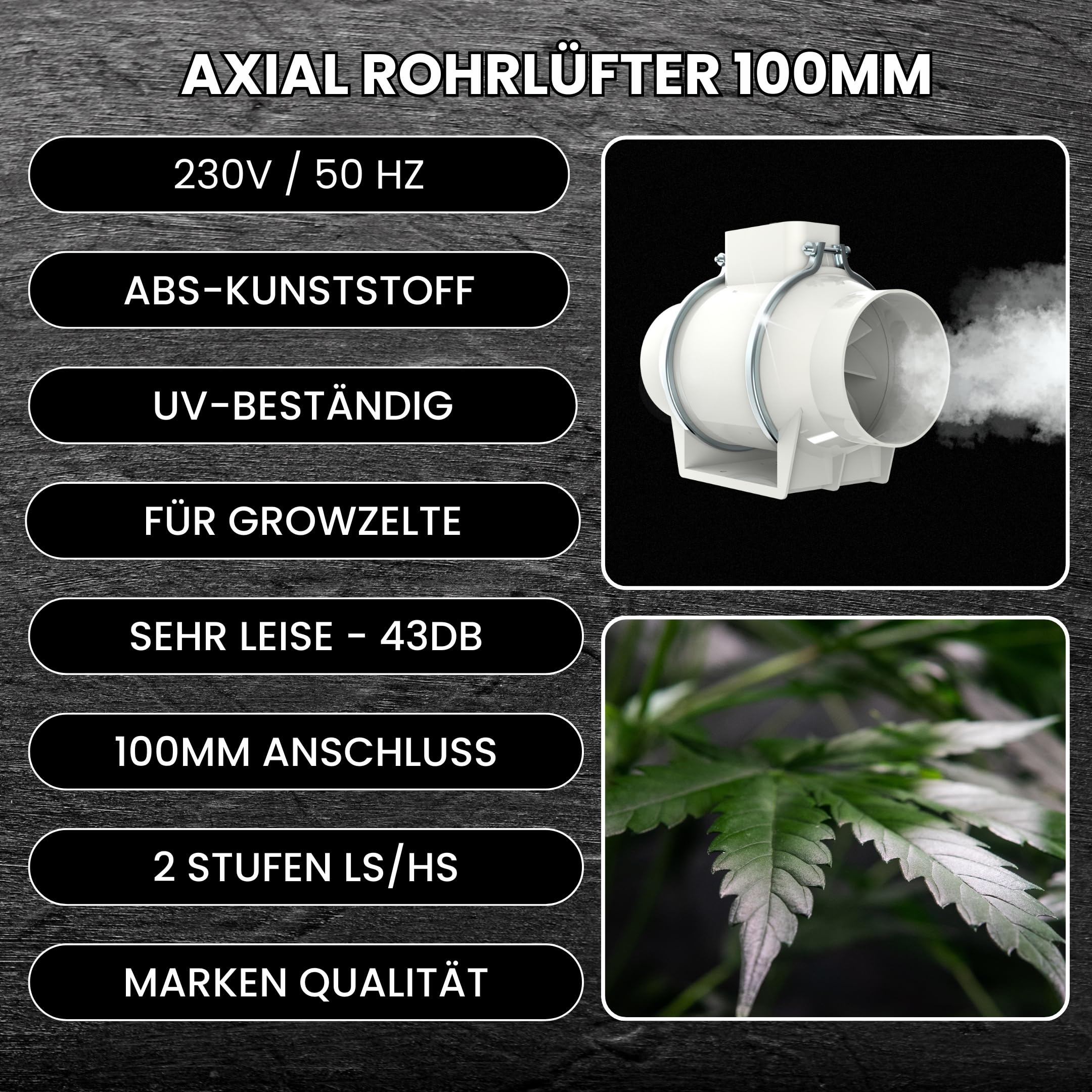 TronicXL Turboventilator Axial Rohrventilator regelbar mit Ein Ausschalter und Kabel 100mm leise Rohrlüfter Abluftventilator Abluft Zuluft Grow Lüfter Ventilator für Homebox Growbox Growschrank