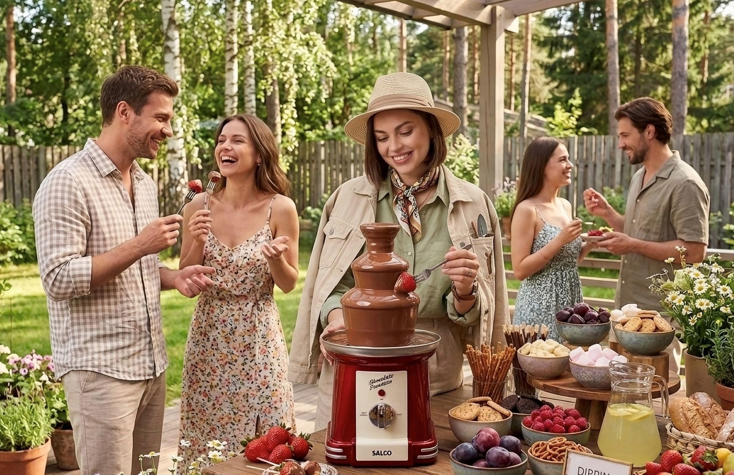 Salco Schokobrunnen | 3-stufiger Chocolate Fountain | Retro-Style | Edelstahl | Mit Wendelschnecke | 90 Watt | Perfekt für Früchte, Kekse & mehr | Leichte Reinigung | Metallic-Rot