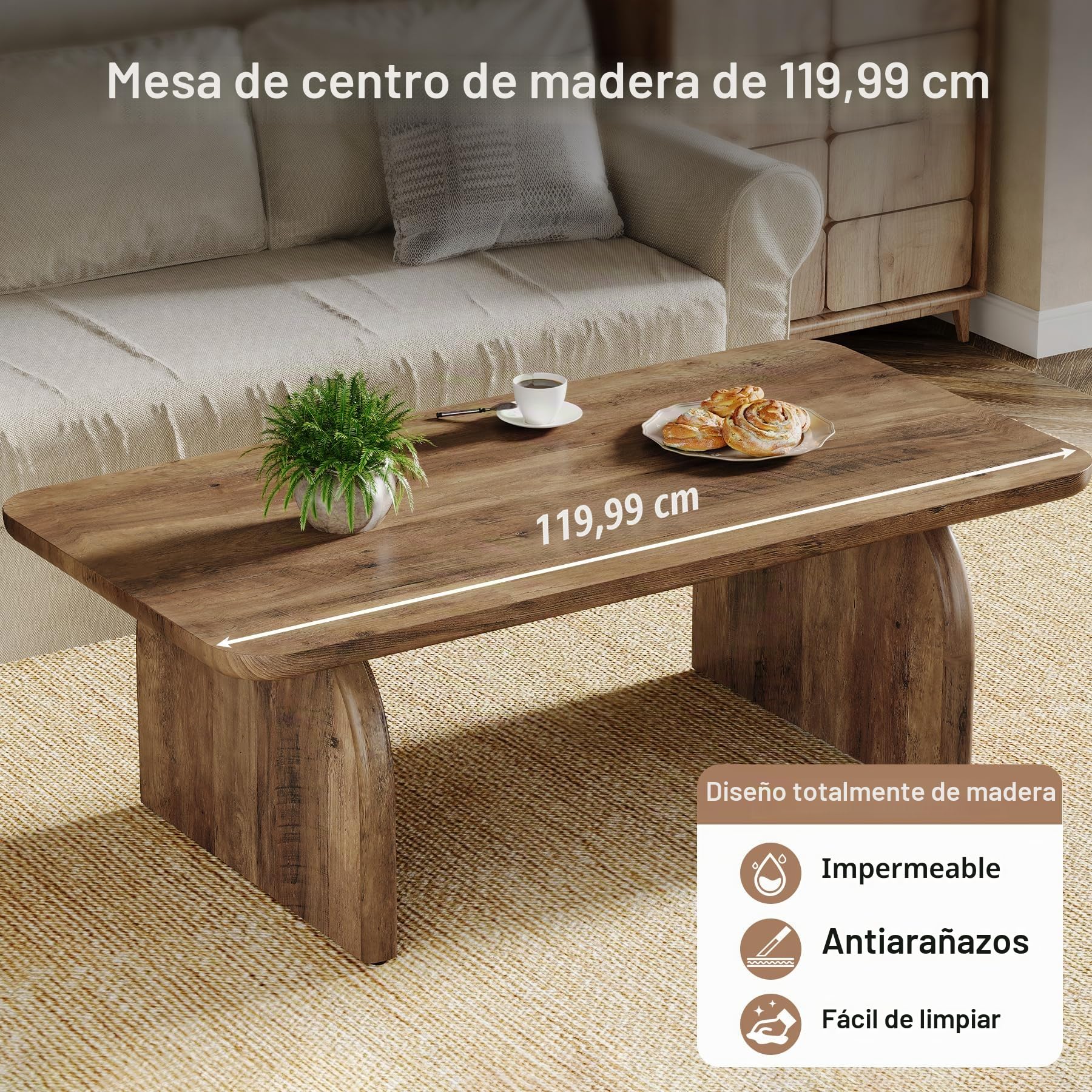 Tribesigns Mesa de centro rectangular, 120 cm Gran mesa de centro de granja de madera, mesa de cóctel con base estable y esquinas redondeadas, mesa central, mesa de té, montaje sencillo, marrón