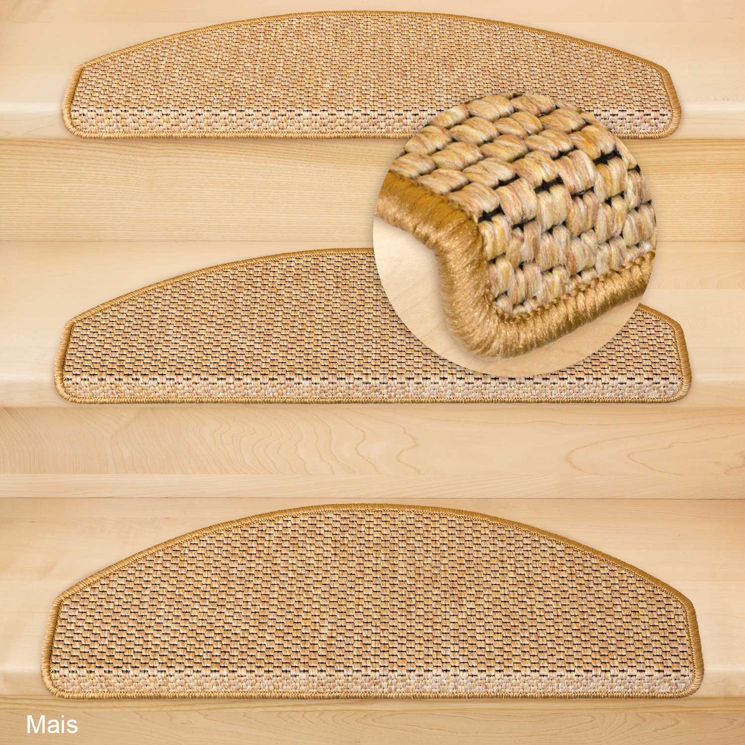 Metzker Stufenmatten Treppenteppich Göteborg 15 Stück Mais | Sisal-Optik in aktuellen Farben incl. Klebeband | Trittfläche Halbrund 65x24cm