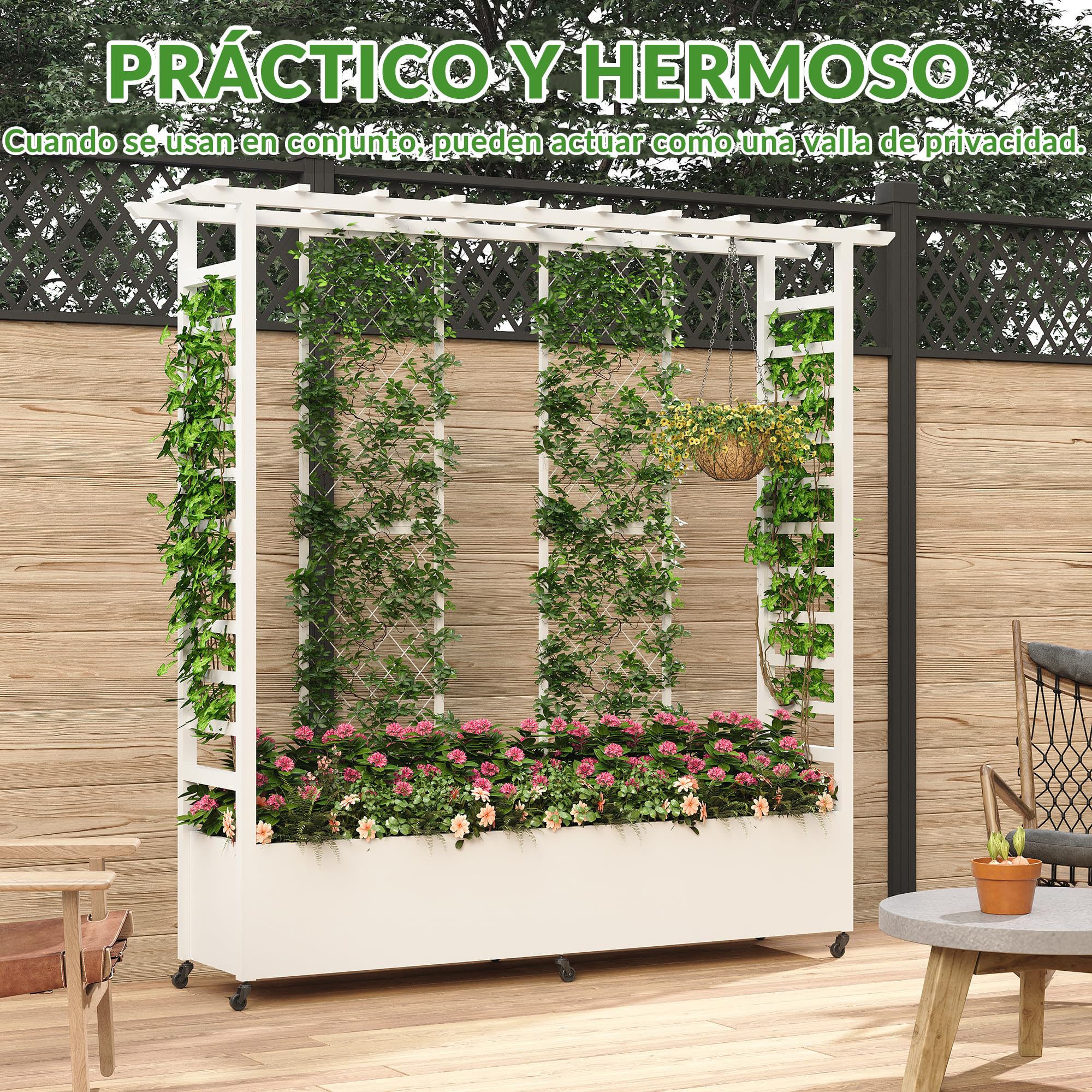 Jardinera elevada con enrejado y techo colgante, jardinera metálica resistente a la intemperie con 4 ruedas y 2 enrejados laterales para plantas trepadoras, mampara divisoria móvil para exteriores.