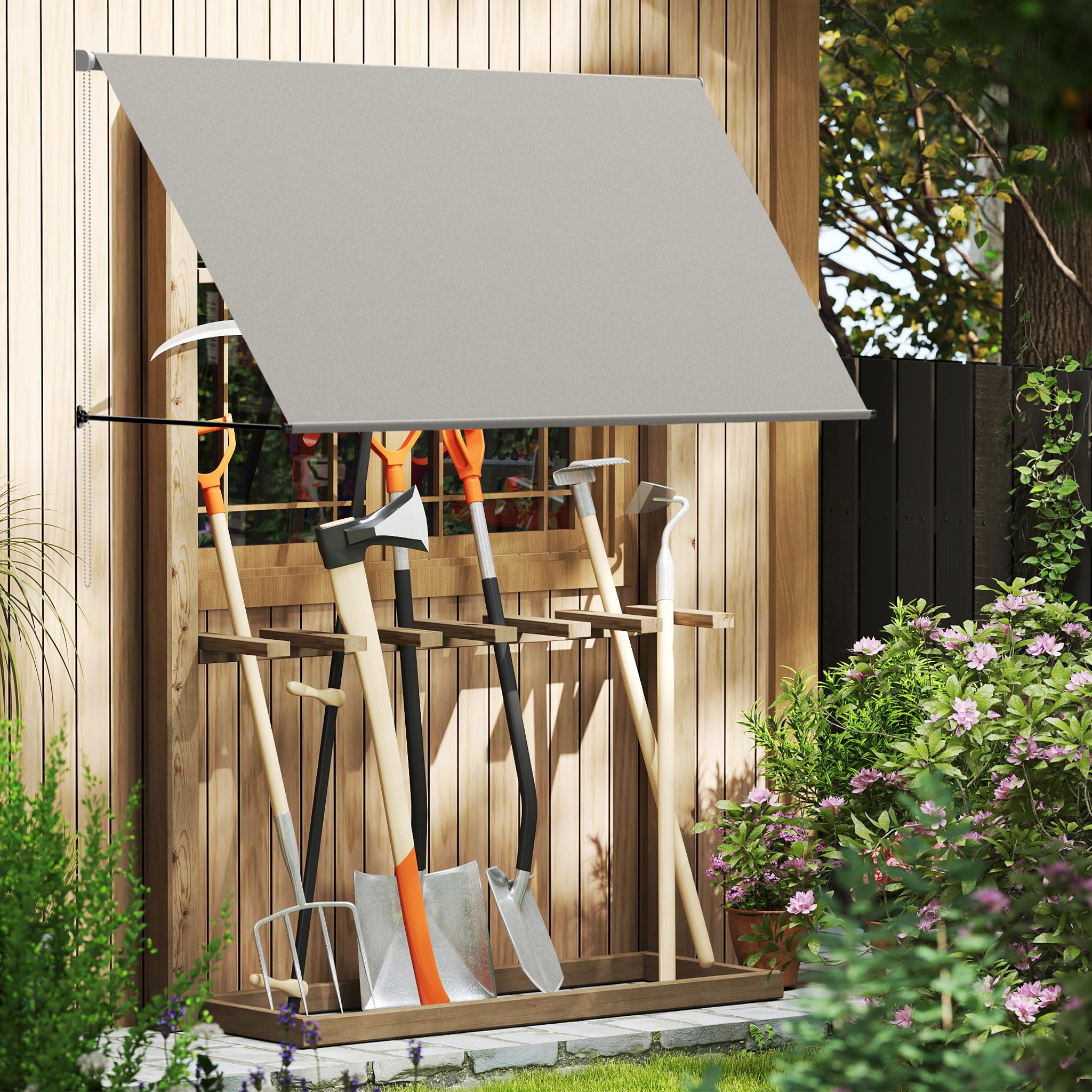 FIVMEN Store de balcon à bras articulé avec cordon et tige de support en aluminium, store enroulable de protection solaire pour fenêtre, terrasse, balcon 235x145 cm, gris