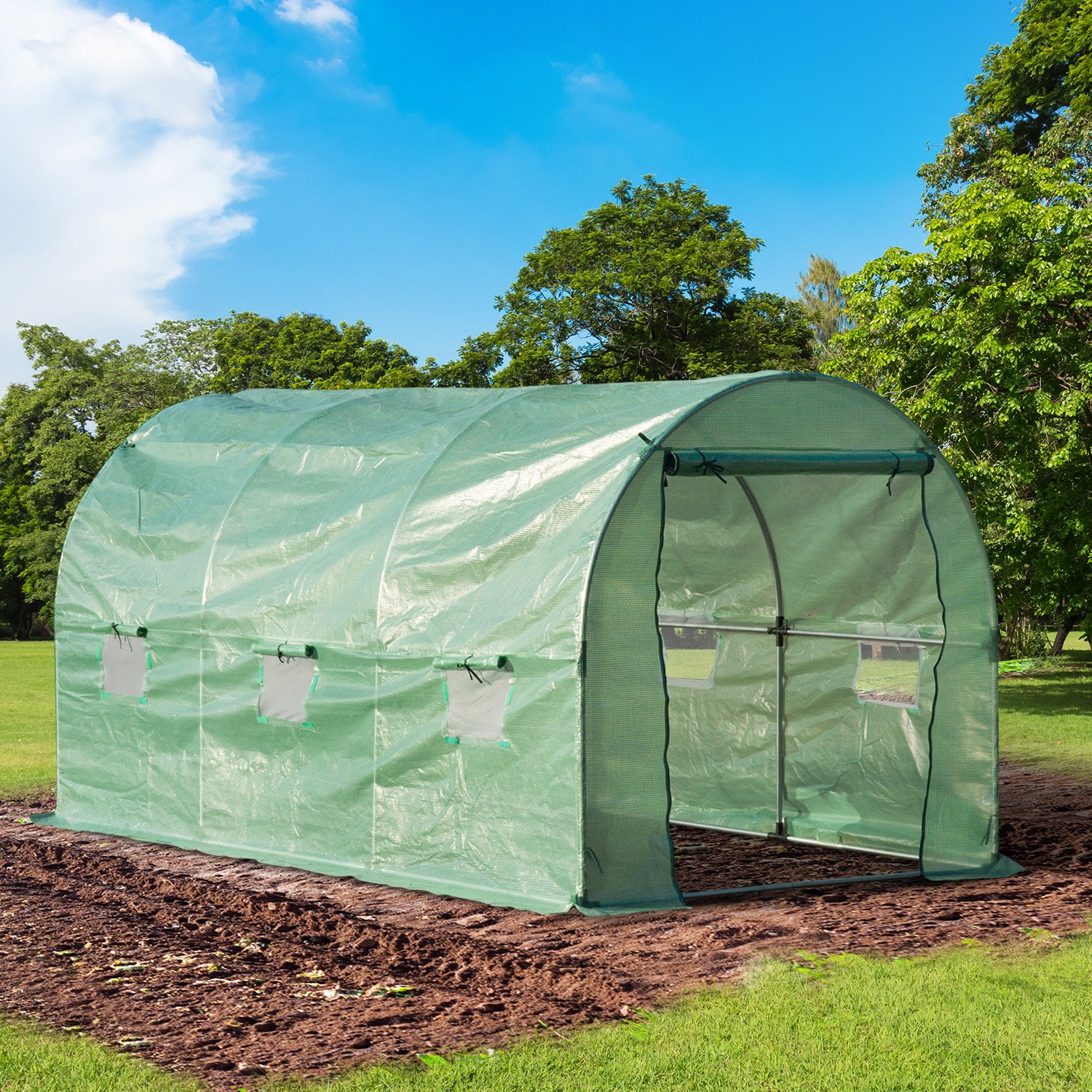 Outsunny Invernadero de Jardín Huerto Tipo Túnel 6 Ventanas Cultivos Plantas y Verduras Cubierta PE 140g/㎡ Impermeable 4x2x1.9m Acero