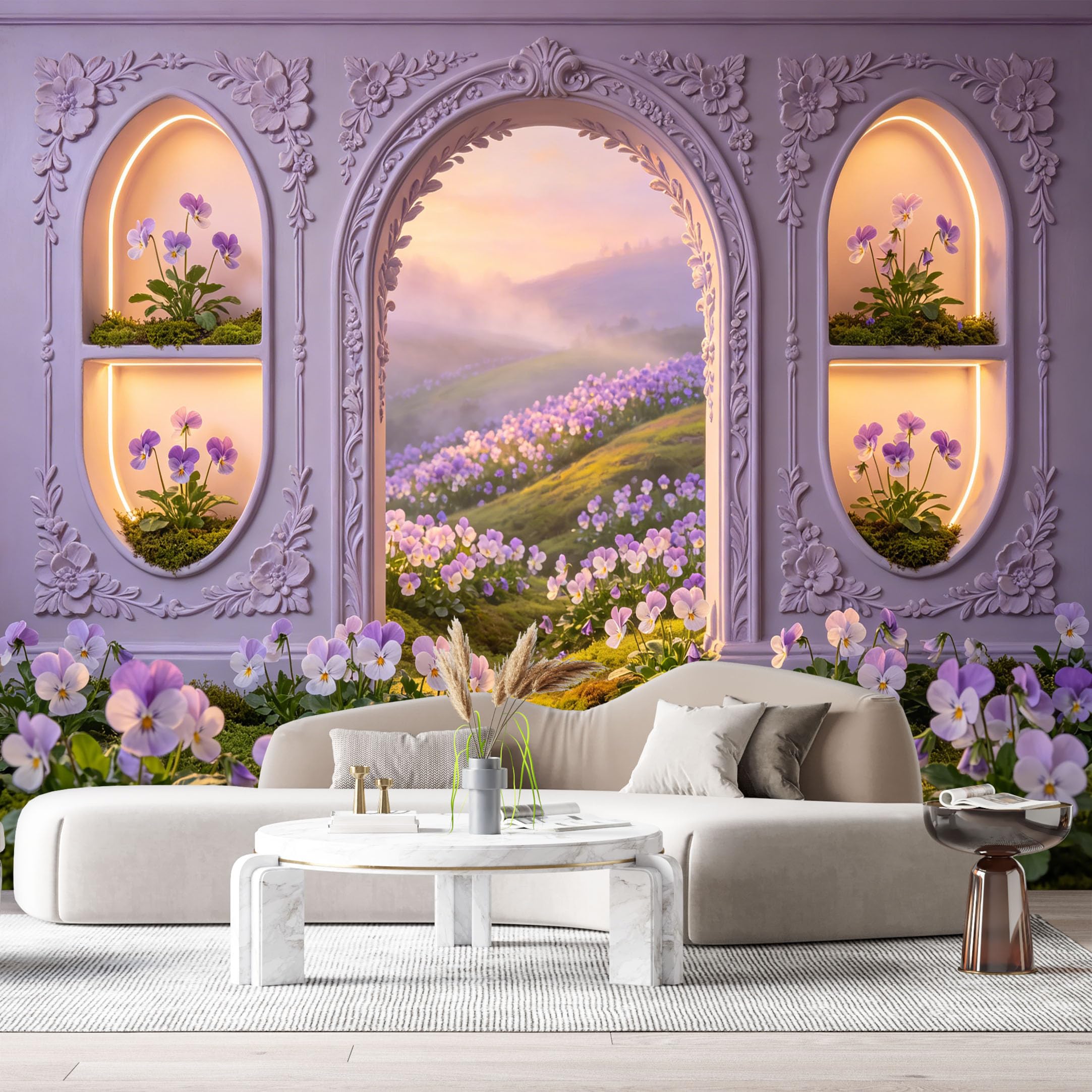 Custom Size Wall Murals Lavender Floral Purple Pansies 3D Trompe L'Oeil SelfAdhesiveWall Fabric Removable Wallpaper Wall Decor for Living Room Bedroom Bathroom