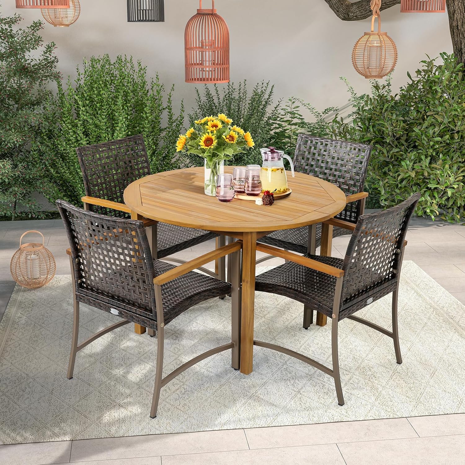 HAPPYGRILL Outdoor Rattan Chair Set of 4, Patio PE Wicker Dining Chairs with Acacia Wood Armrests, Sturdy Metal Frame, Ergonomic Curved Seat, Outside Rattan Armchairs for Balcony Porch Poolside