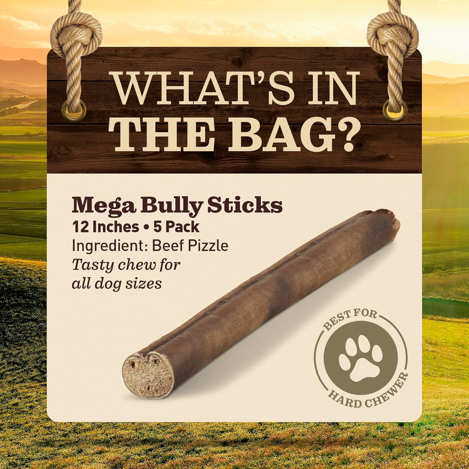 MEGA Bully Sticks (12 Inch, 5 Count) Extra-Thick Dog Treats – Fully Digestible 100% Beef Treats, Natural Dental Chews – Keep Your Dog Busy with 50% Longer Lasting Chews